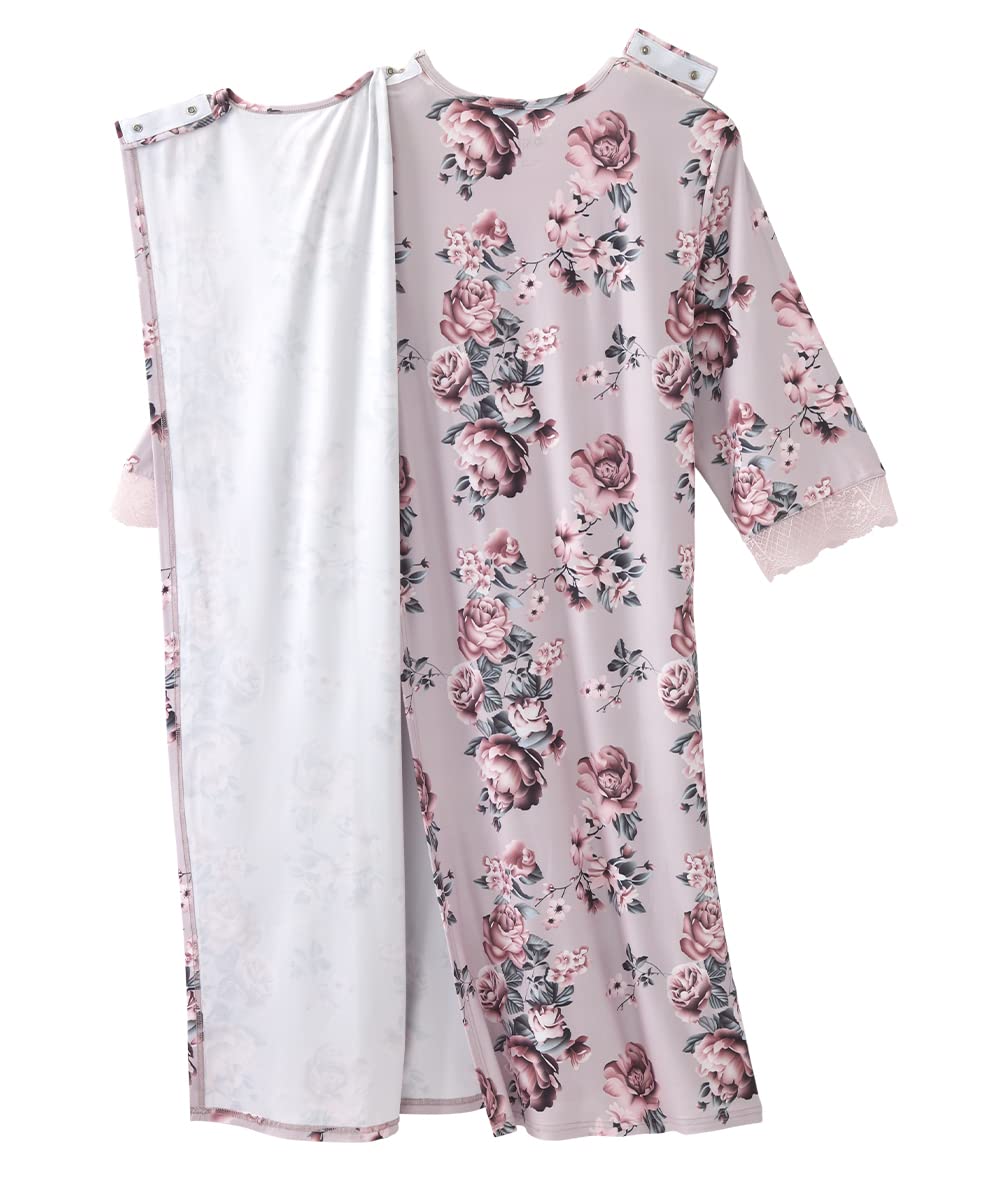 Silverts Open-Back Hospital Gowns for Women - Comfortable & Easy Wear for Seniors & Patients - Milk Silk Lace 3/4 Sleeve - Perfect for Hospital Stays, Recovery & Home Care