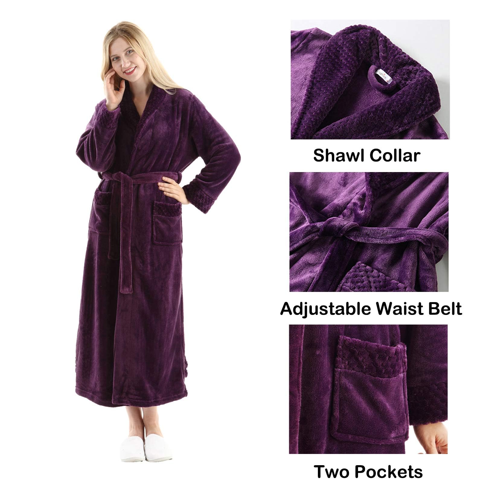 Oksun Women's Plush Fleece Long Robe - Soft Flannel Warm Bathrobe for Winter, Full Length Cozy Housecoat & Sleepwear - Perfect for Lounging, Spa Days and Cold Weather Comfort