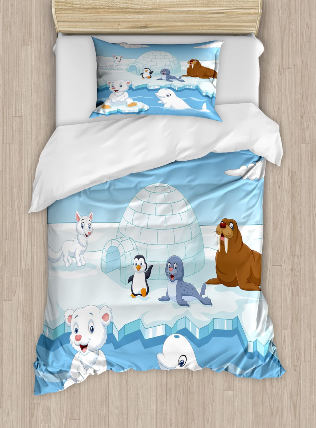 Ambesonne Arctic Animals Duvet Cover Set - Polar Bears, Seals, Penguins, Wolves & Whales Artwork, 2-Piece Queen Size Bedding Set with 4 Pillowcases, Sky Blue & White - Perfect for Winter Themed Bedrooms & Cozy Cabin Retreats