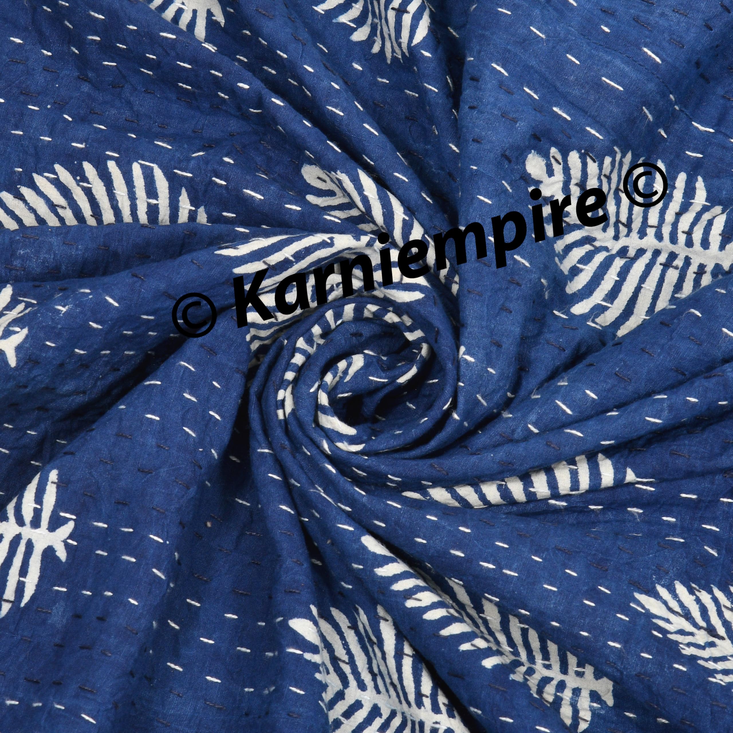 Handmade Indian Kantha Quilt - Reversible Bohemian Bedspread, Throw Blanket & Comforter in Leaf-Indigo Print (Twin/Queen/King/Super King 108