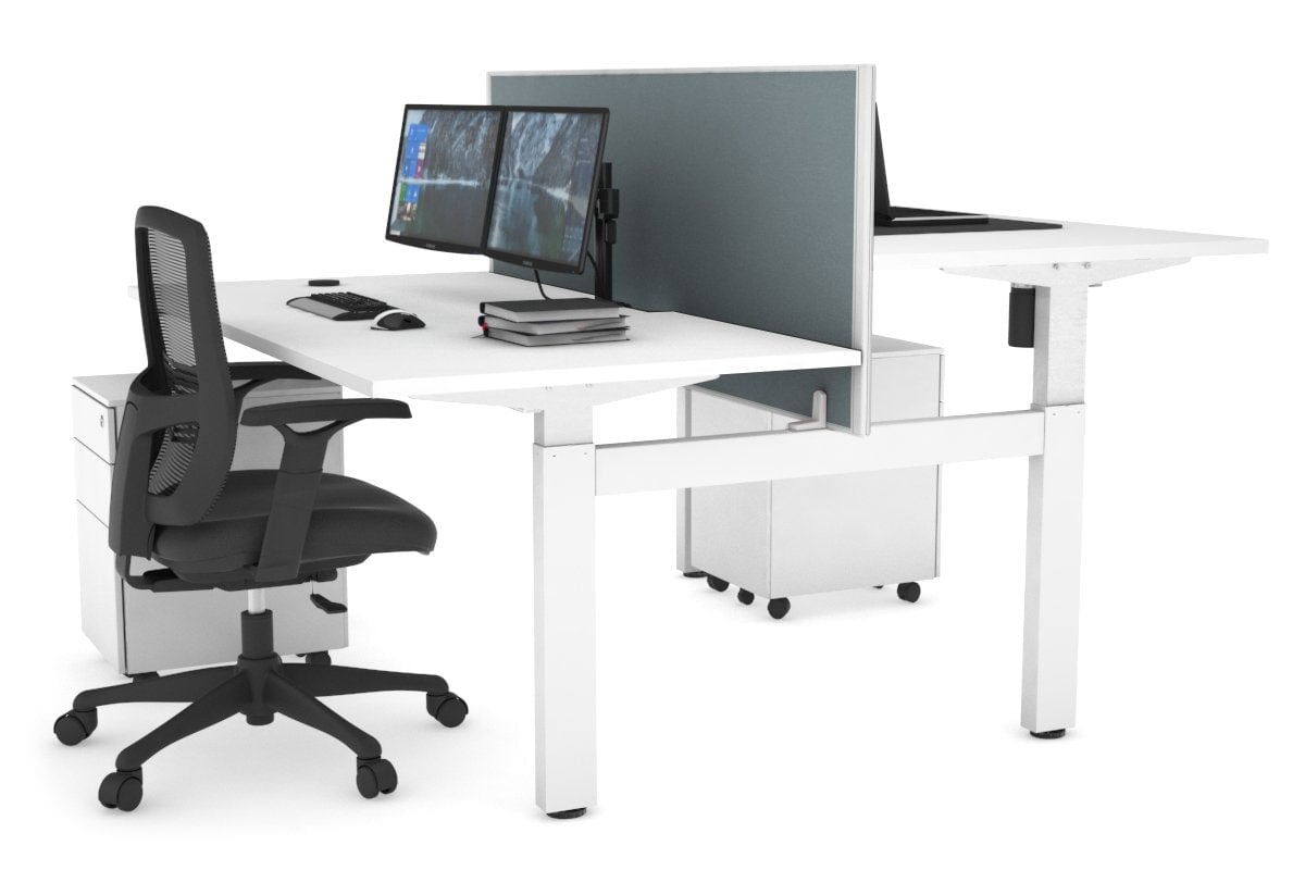 Adjustable Height 2-Person H Bench Workstation - White Frame (1400L x 800W) with Cable Management | Ergonomic Office Desk for Home & Workspace