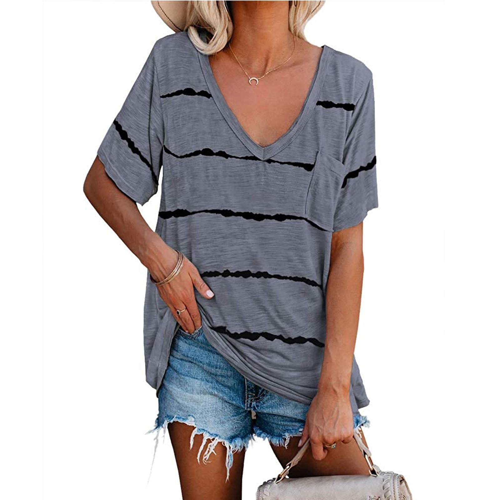 Women's Casual V-Neck Short Sleeve Loose Summer Tunic Tops - Breathable Comfortable Blouse for Everyday Wear, Beach Outings & Vacation Outfits