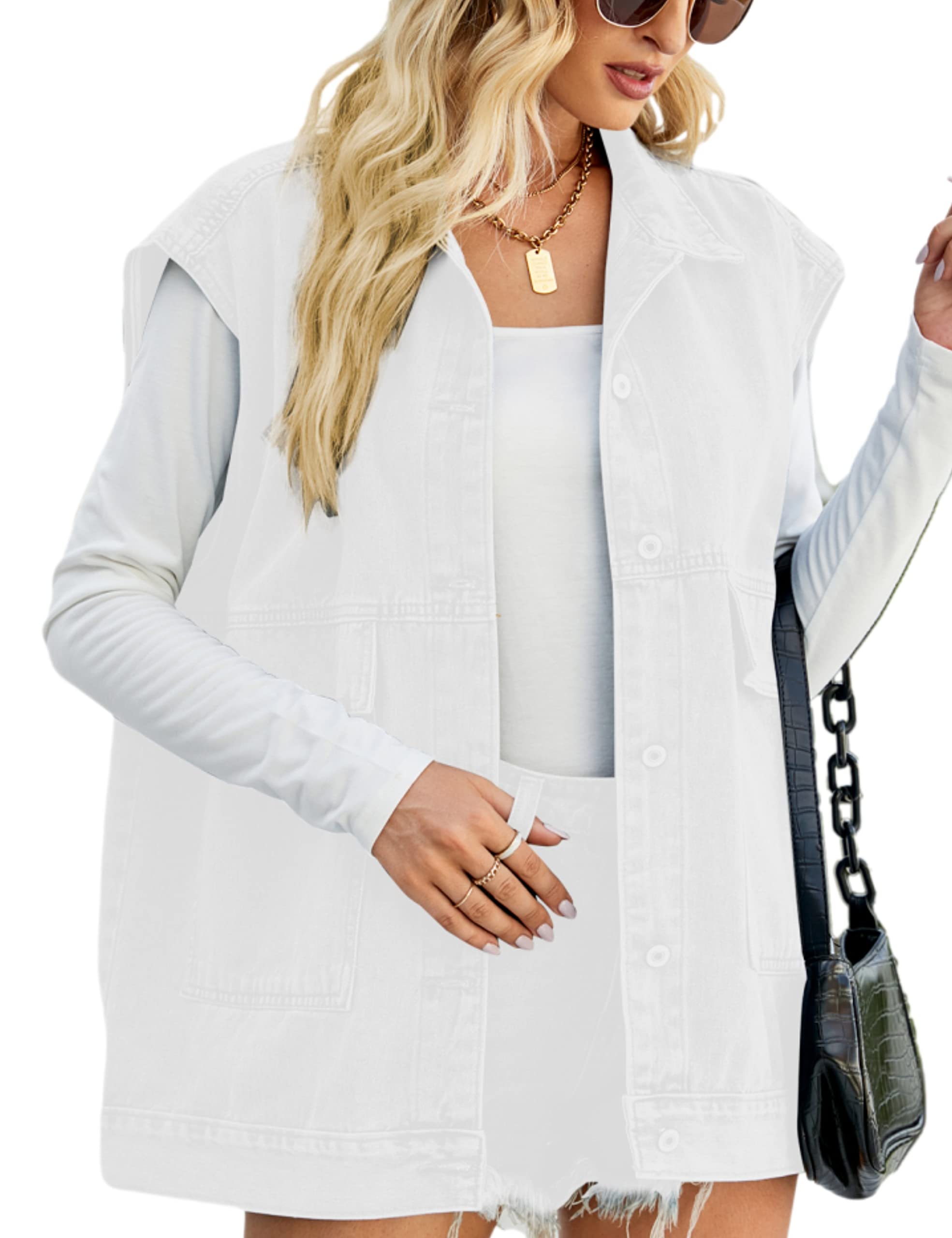 Zontroldy Women's Oversized Denim Vest - Sleeveless Button Down Jean Waistcoat Shacket Jacket for Casual Outfits & Layering