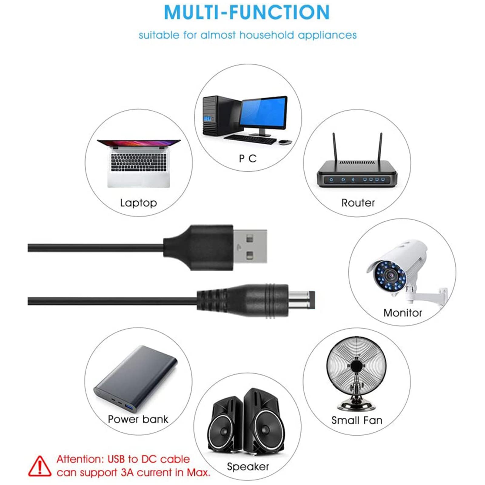 Universal 5V USB to DC Power Cable 1.5M with 13 Interchangeable Connectors (5.5x2.1mm/5.5x2.5mm/Type C/Micro USB/Mini USB) - Compatible with LED Strips, CCTV Cameras, Routers & Electronic Devices
