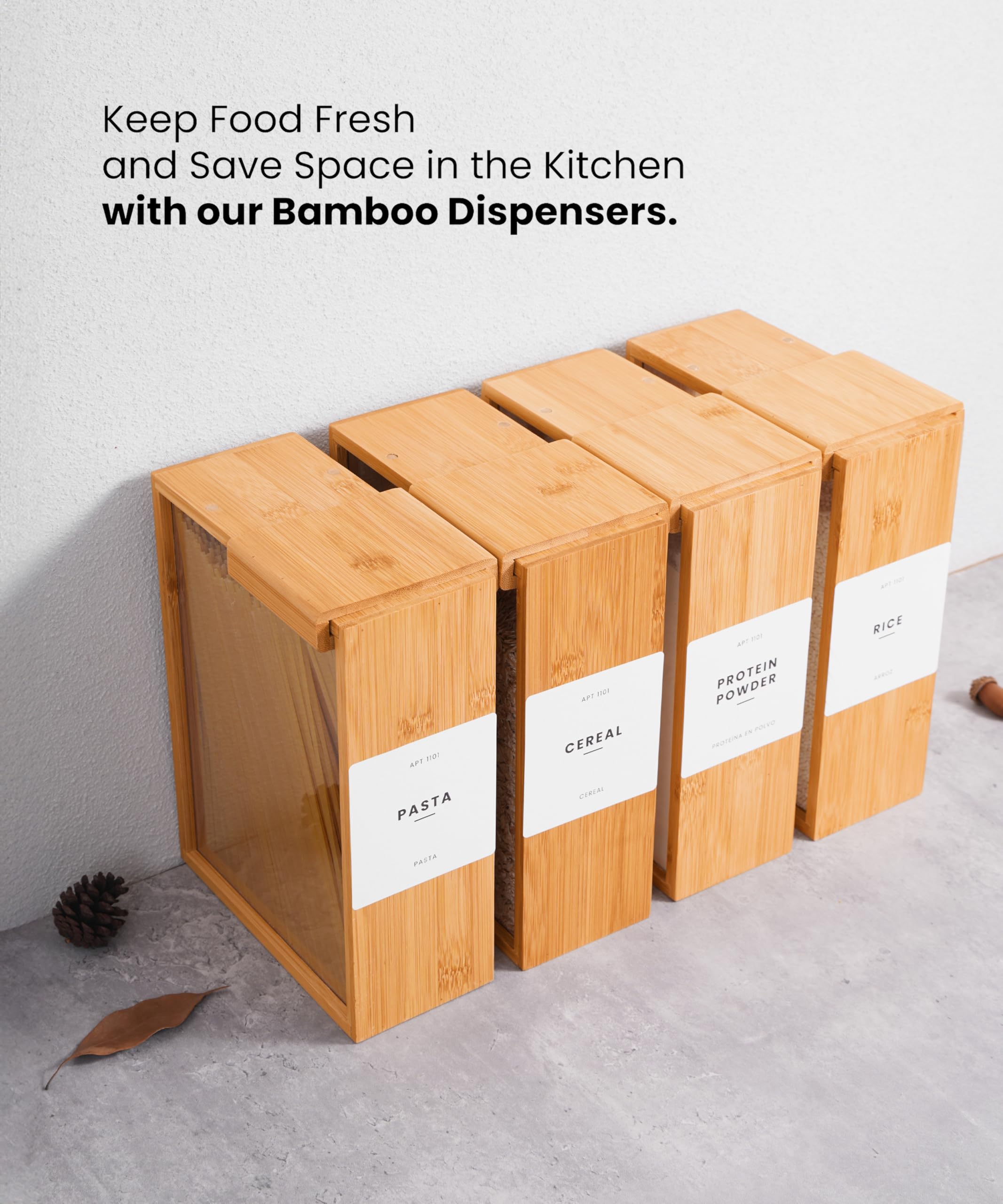 2L Bamboo Food Dispenser for Cereal, Rice, Flour & Snacks | Airtight Kitchen Storage Container | Pantry Organizer for Countertop & Cabinet Use | Perfect for Home, Office & Dorm Organization