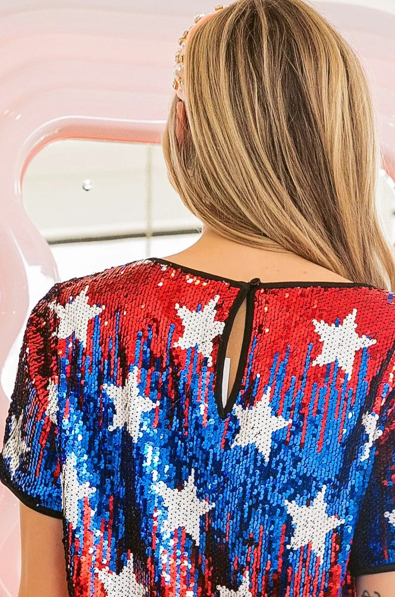 BiBi American Flag Star Sequin Top for Women | Patriotic Party Outfit | Perfect for 4th of July, Independence Day & Festive Celebrations