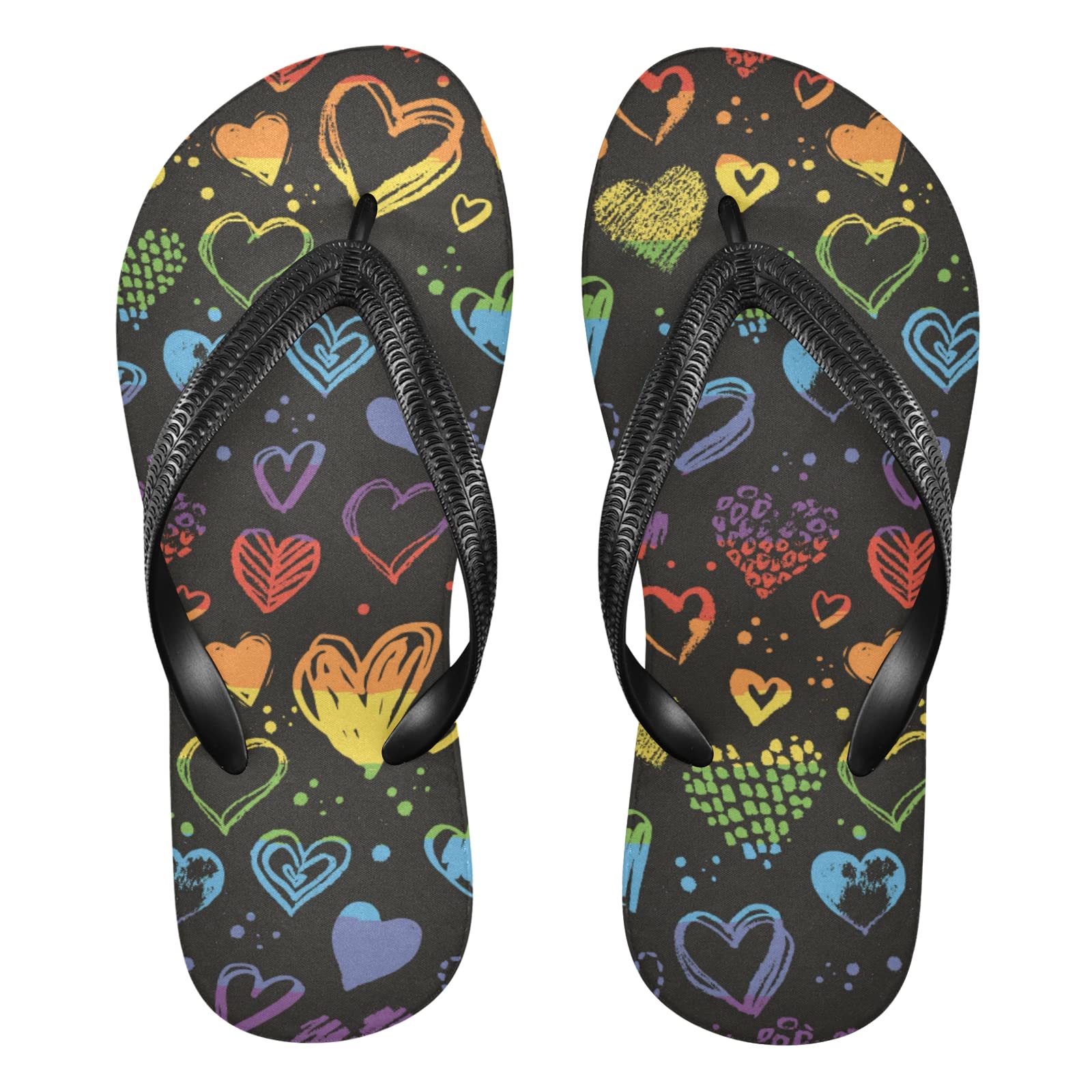 Rainbow Hearts Flip Flops for Women & Men - Comfortable Non-Slip Rubber Beach Sandals, Shower Slippers for Travel, Hotel, Sports & Summer Vacation