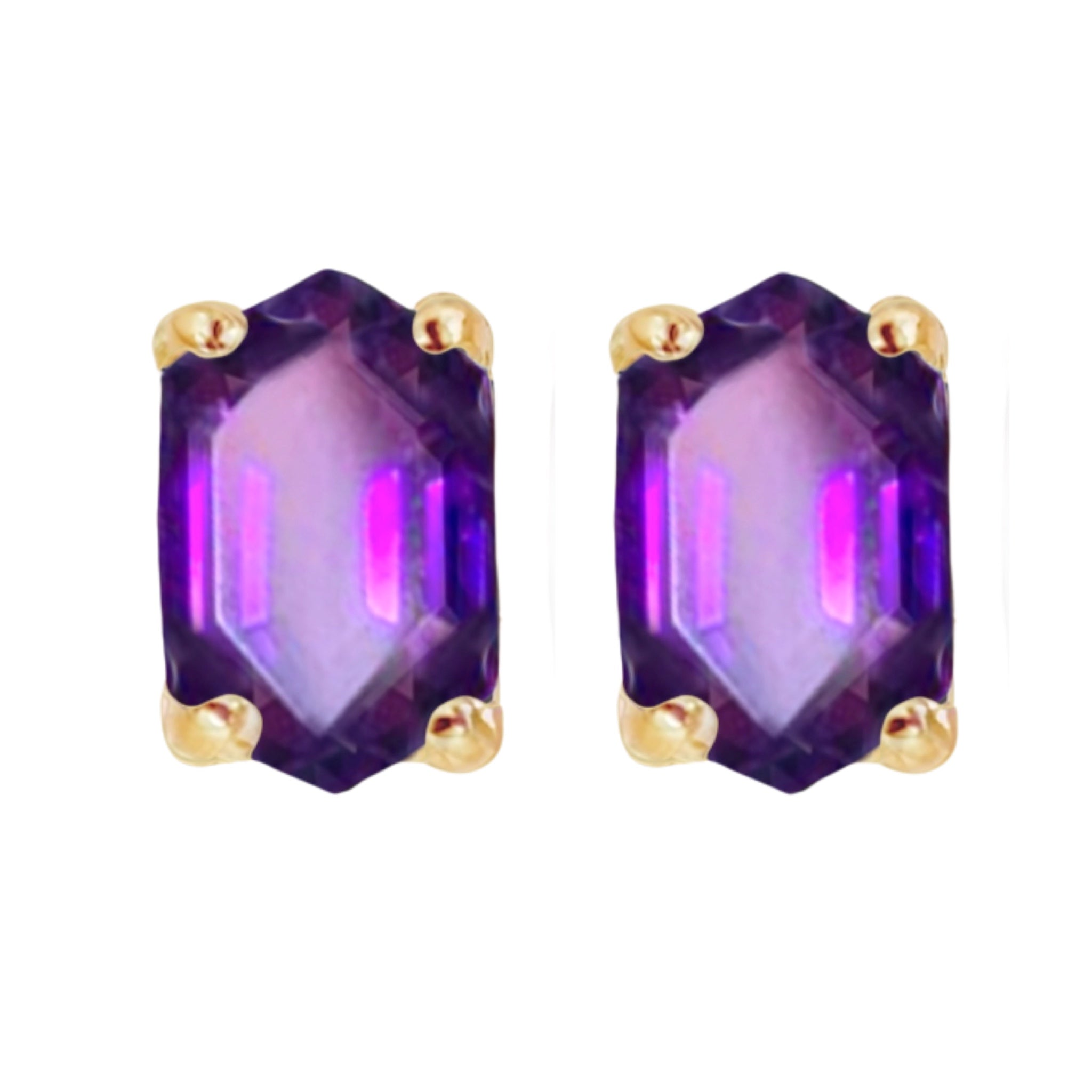 Hexagonal Crystal Gold Amethyst Stud Earrings for Women - Elegant Purple Gemstone Jewelry Gift for Birthday, Anniversary & Special Occasions