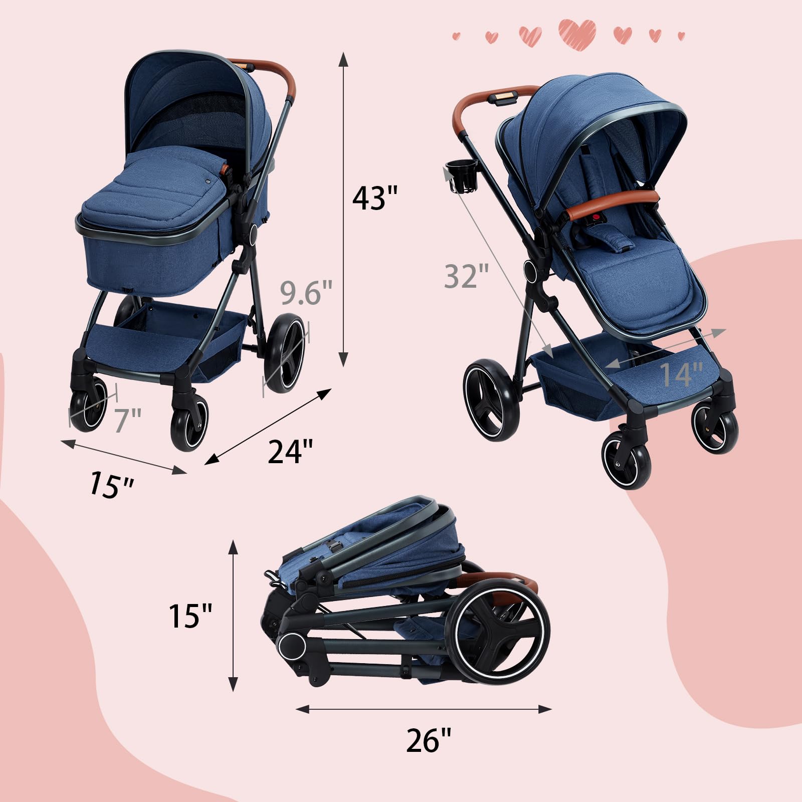 3-in-1 Convertible Baby Stroller | Reversible Bassinet for Newborn to Toddler | Adjustable Canopy & Windproof Foot Cover | Foldable Travel Pram with 5-Point Safety Harness (Blue) - Perfect for City Walks, Park Visits & Family Outings