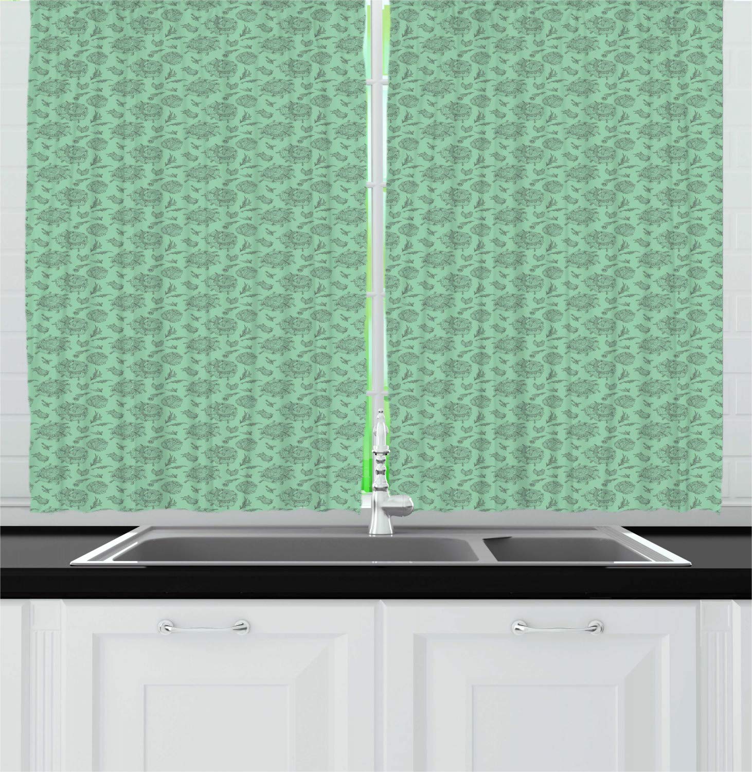 Ambesonne Mint Kitchen Curtains - Floral Herbal Design, 2 Panels for Home & Cafe Decor