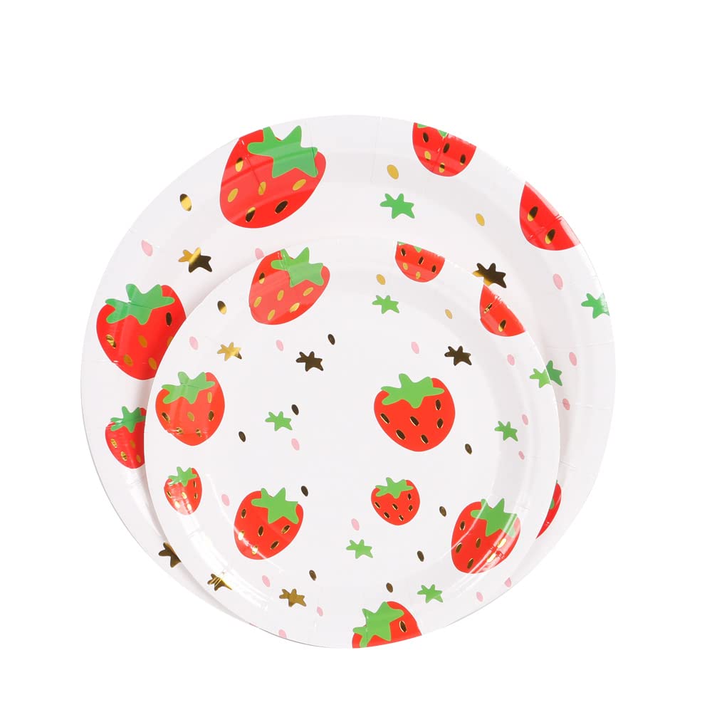 Gold Strawberry Disposable Paper Plates 9 Inch - Elegant Gold Foil Dessert Plates for Party, Wedding, Baby Shower - Set of 20 Decorative Fruit Themed Plates - Perfect for Birthday Celebrations, Picnics & Special Events