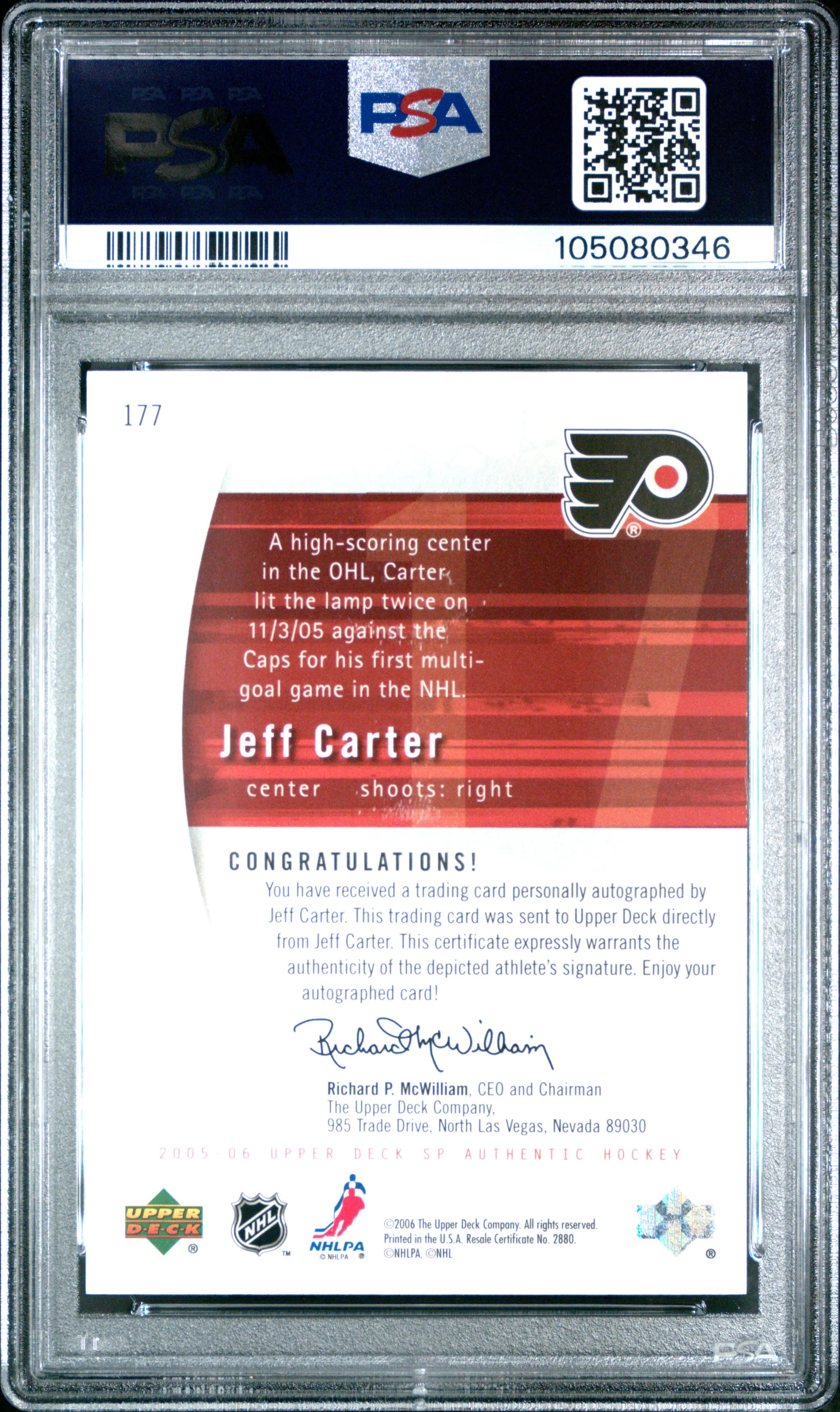 2005 UD SP Authentic Jeff Carter Future Watch Rookie Card Autograph PSA 10 Gem Mint /999 - Perfect for Hockey Collectors and Sports Memorabilia Enthusiasts