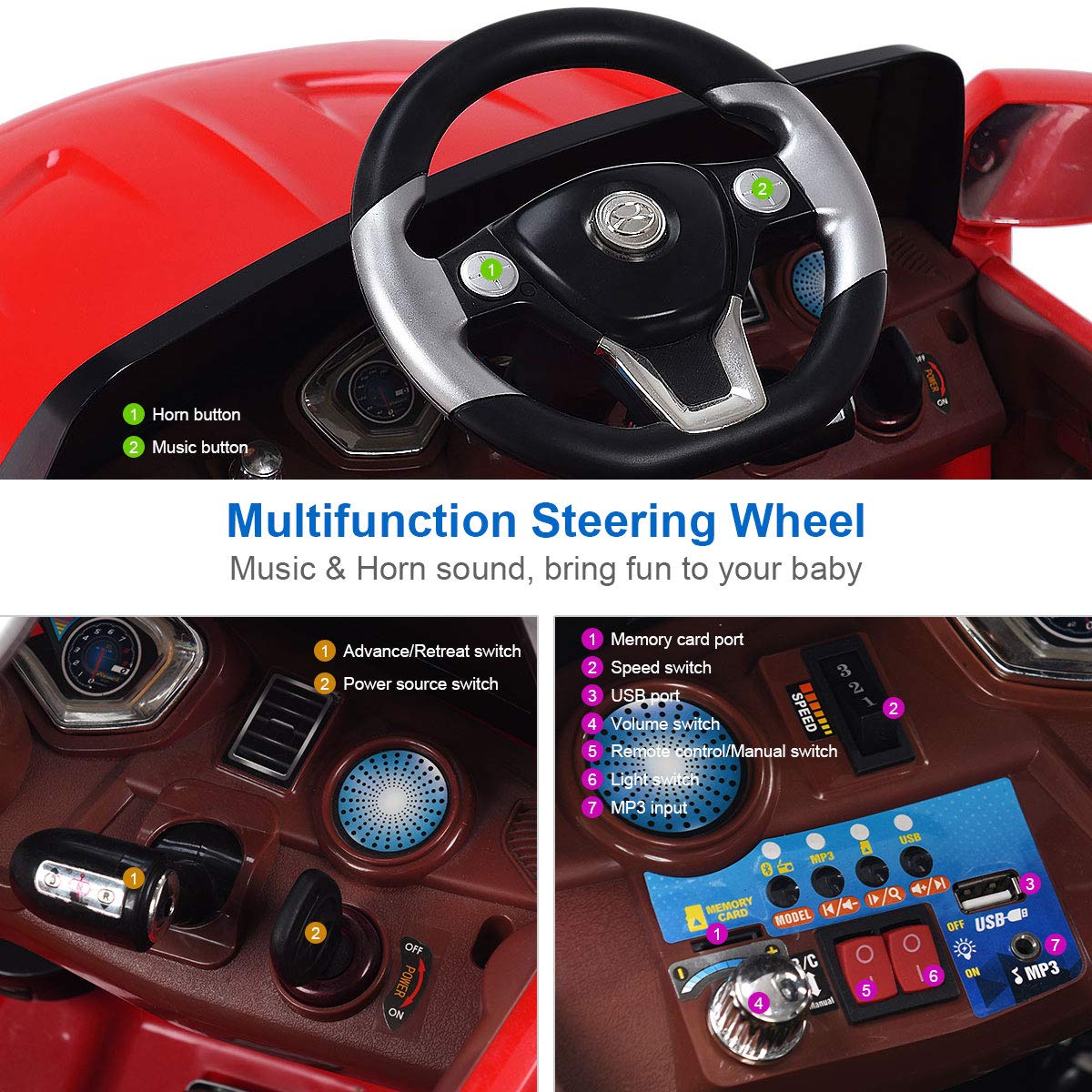 Costzon 6V Kids Ride On Car with Parental Remote Control & Foot Pedal - Battery Powered Toy Vehicle with LED Lights & MP3 Player - Red Ride On Car for Toddlers (Perfect for Indoor/Outdoor Play, Birthday Gifts & Preschool Learning)