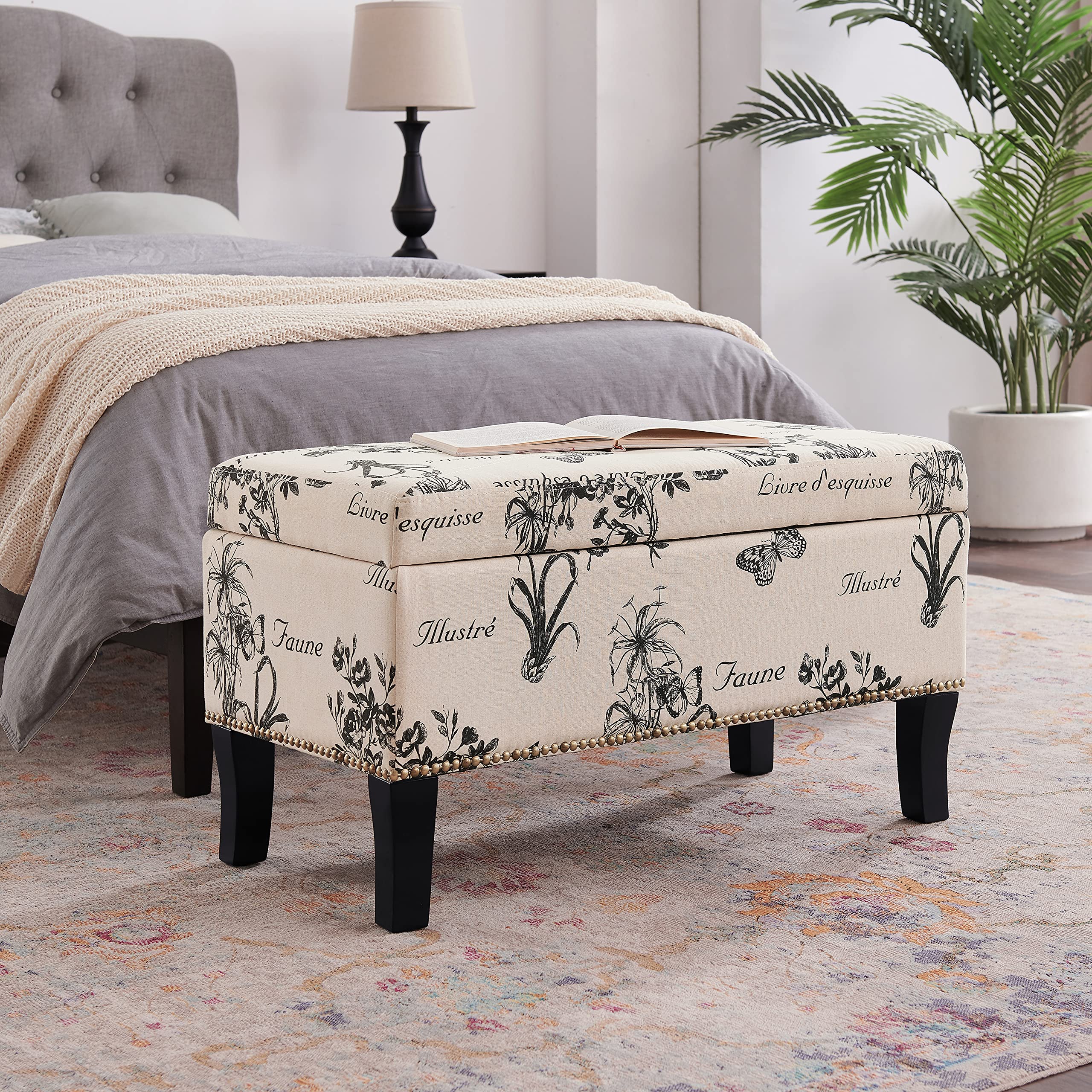 Linon Stephanie Ottoman with Botanical Linen Fabric - Stylish Footrest & Storage Bench for Living Room, Bedroom or Nursery - Perfect Home Decor Accent Piece