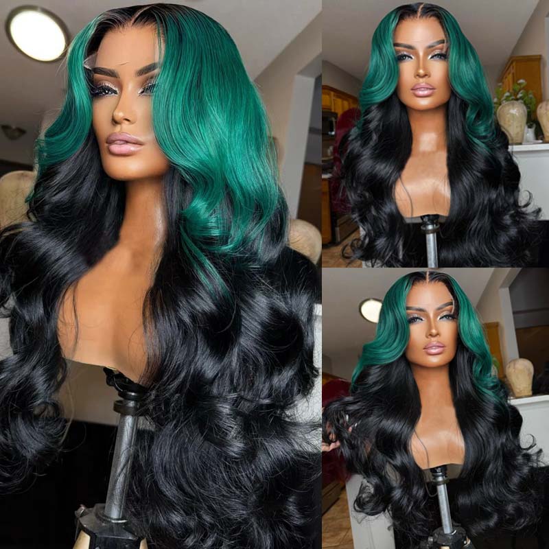 Eullair Ombre Dark Green Black Body Wave Lace Front Wig 1B Roots Pre-Colored Human Hair Lace Wig for Women - Perfect for Cosplay, Parties & Daily Styling (EW013)