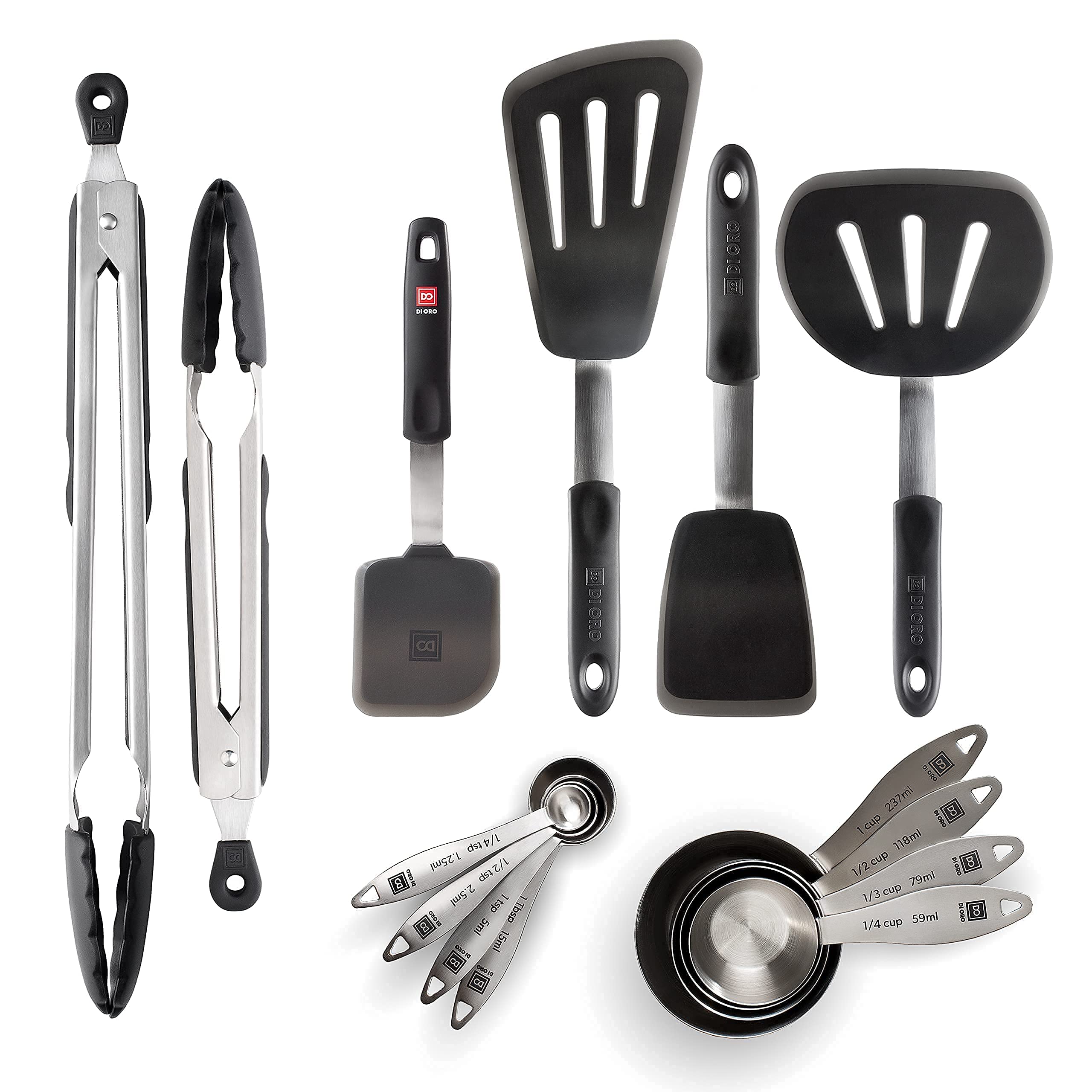 DI ORO 14-Piece Premium Kitchen Utensil Set - 4 Silicone Turner Spatulas, 2 Kitchen Tongs & 8 Stainless Steel Measuring Cups/Spoons - 600°F Heat Resistant, Dishwasher Safe & Food Grade - Perfect for Baking, Cooking & Meal Prep