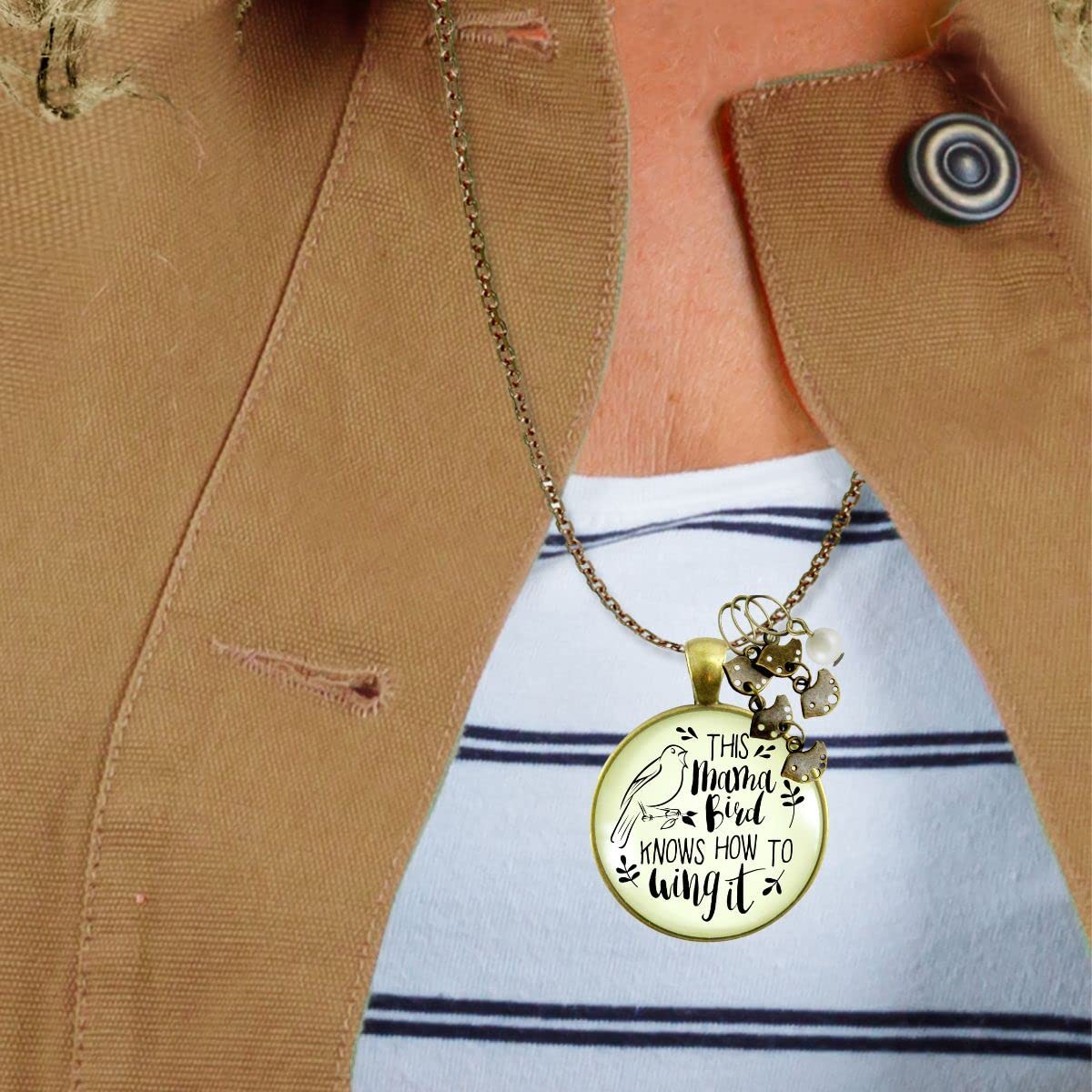 Elegant Mama Bird Necklace with 5 Baby Bird Charms - 36