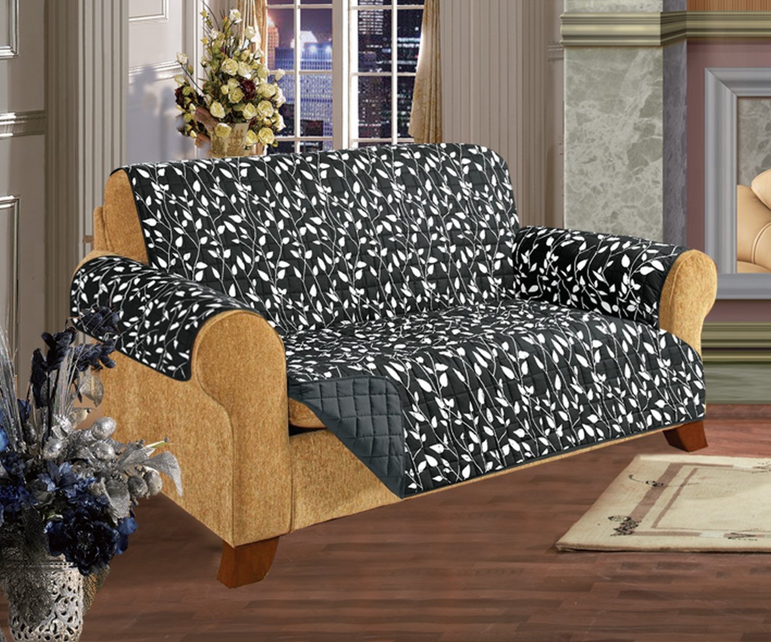 Quilted Furniture Protector for Pets & Kids - Anti-Slip with 2 Ties, Ultra Soft Microfiber (Black Leaf Love) - Perfect for Sofas, Couches & Chairs to Protect from Pet Hair, Spills & Stains