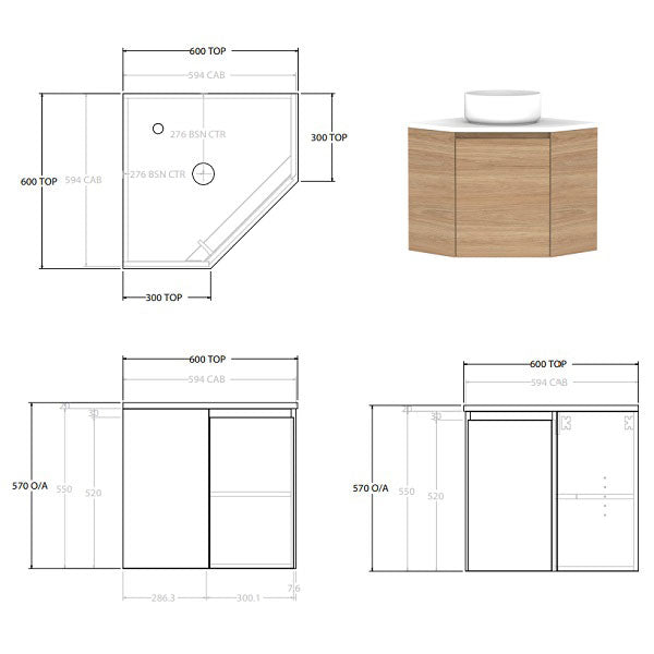 ADP Glacier Lite Door and Drawer Twin Wall Hung Corner Vanity with Cherry Pie Top - Space-Saving Bathroom Vanity for Small Bathrooms & Powder Rooms