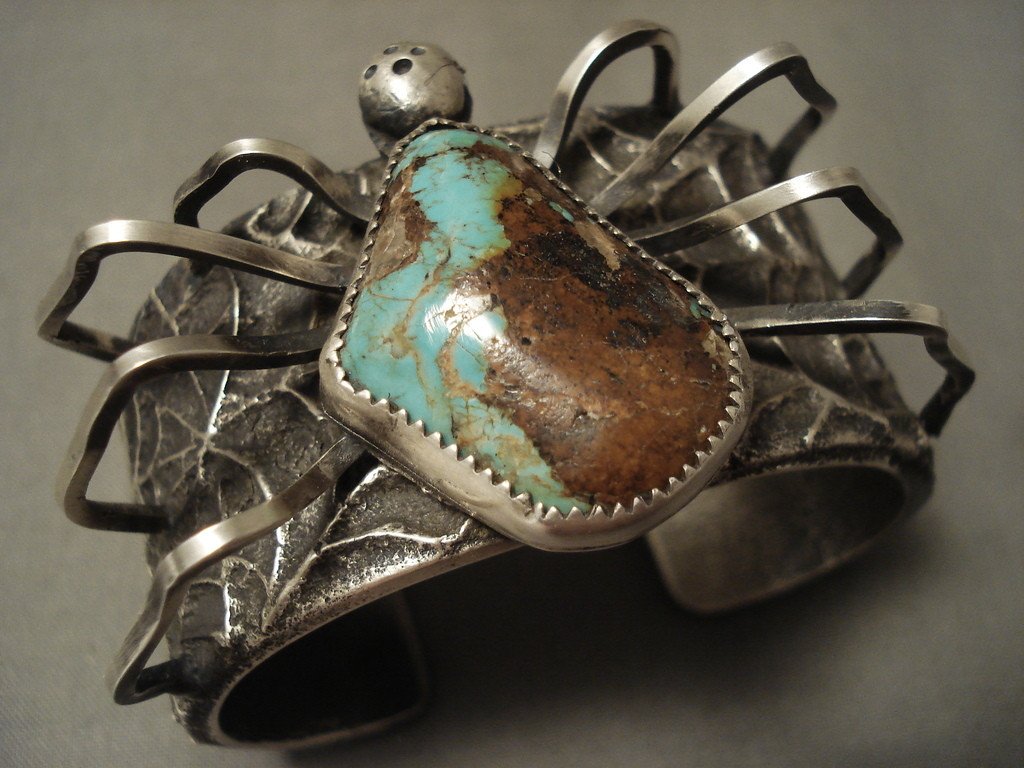 Authentic Navajo 'Royston Turquoise Spider' Sterling Silver Bracelet - 176g Native American Handmade Jewelry for Women, Boho Fashion Accessory, Perfect for Festivals & Special Occasions