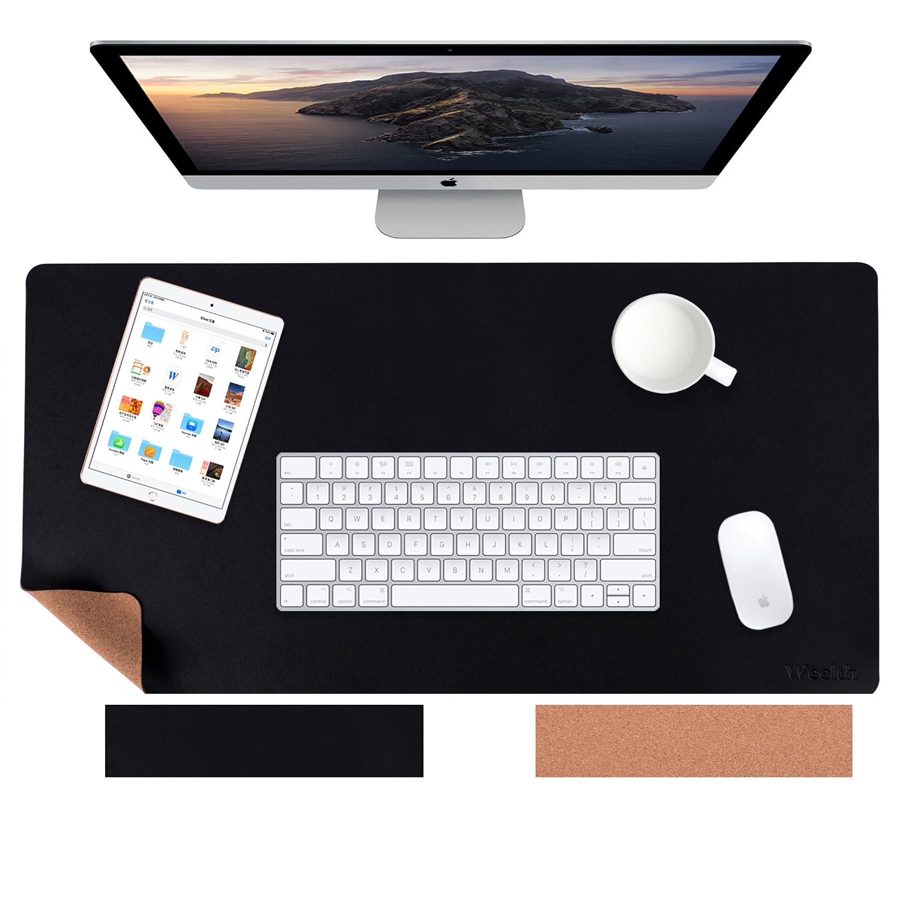 Premium Leather Desk Pad - Waterproof PU & Eco-Friendly Cork Office Desk Mat - Large Dual-Sided Mouse Pad for Work, Gaming & Home Office Decor (Black, 23.6