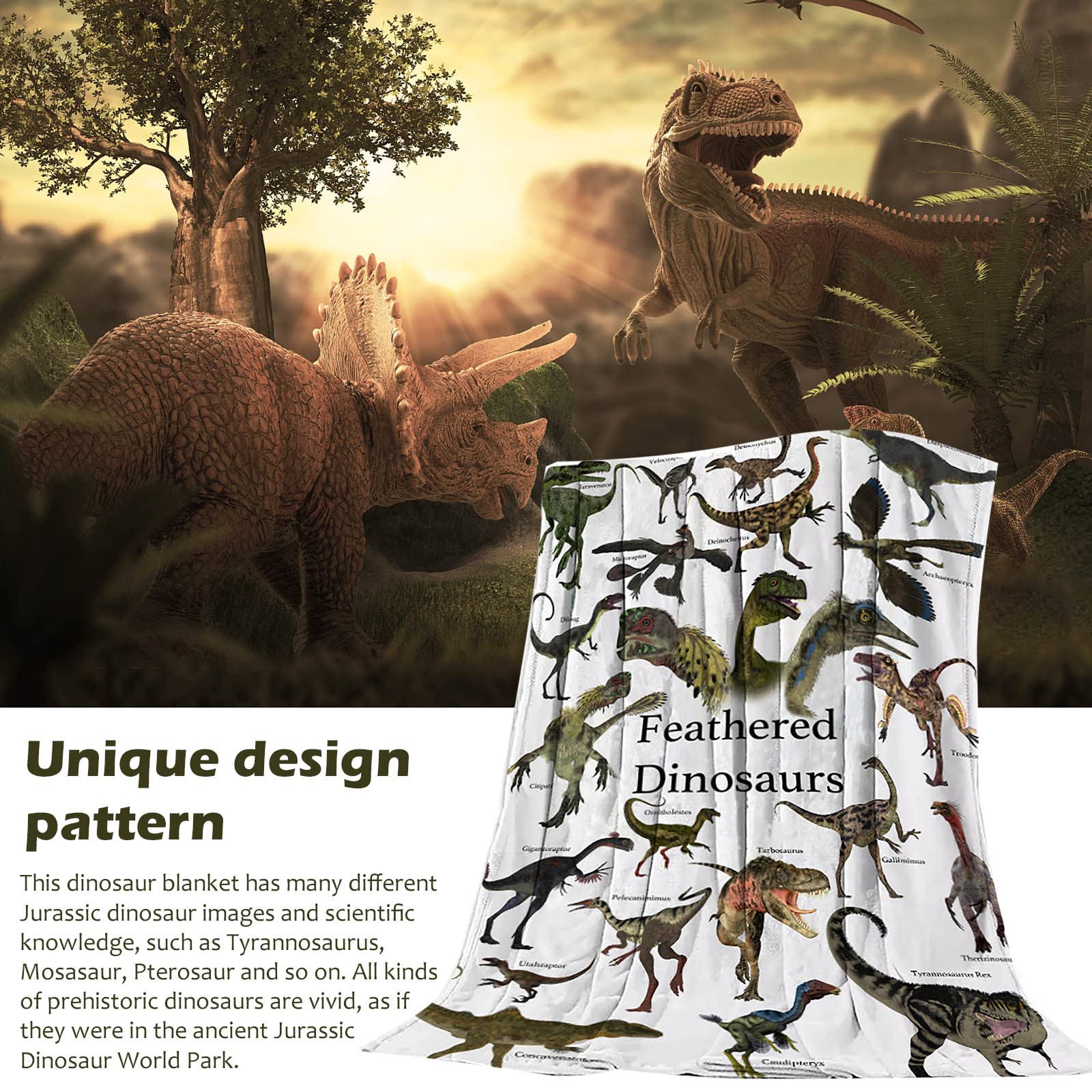 Povvinmg Lightweight Full Size Winter Blanket - Thickened Lamb Velvet Dinosaur Print Flannel Blanket for Women - Cozy Double-Layer Home Textile for Bed, Sofa & Gift Giving (One Size)
