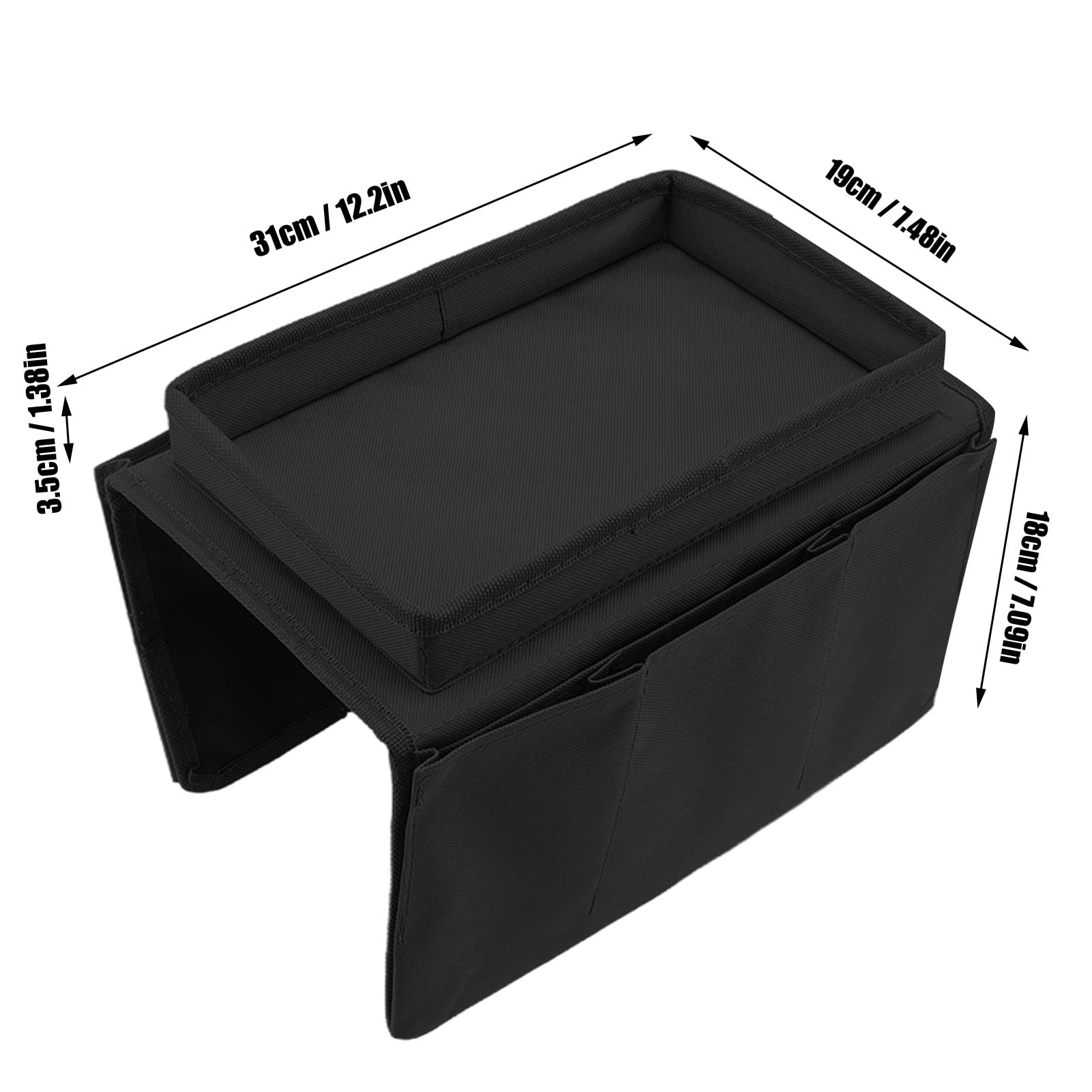 Foldable Sofa Arm Table with Storage - 600D Oxford Cloth Side Pockets - Couch Tray Holder for Snacks, Drinks & Remote Control - Perfect for Living Room, Bedroom & Home Theater (Black)