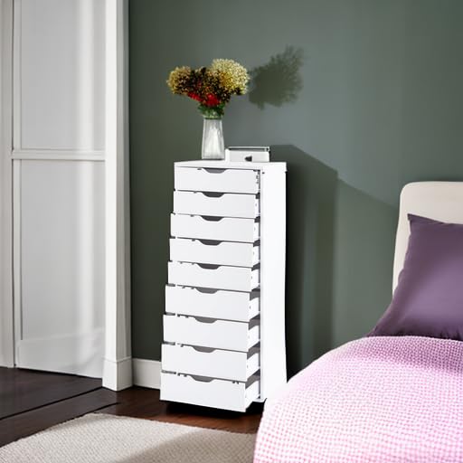 Naomi Home 9-Drawer Tall Dresser for Bedroom & Closet - White Makeup Storage Cabinet with 200 lbs Capacity - Perfect for Bedroom Organization, Small Space Storage & Makeup Vanity Setup