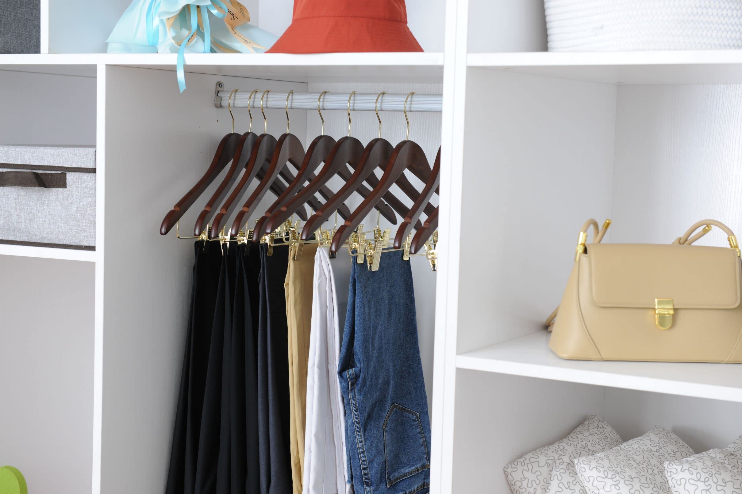 Premium 80-Pack Wooden Skirt & Pants Hangers with Adjustable Gold Metal Clips - Swivel Hook for Coats, Jackets, Blouses & Suits - Durable Walnut Finish - Space-Saving Closet Organization Solution for Retail Stores & Boutiques