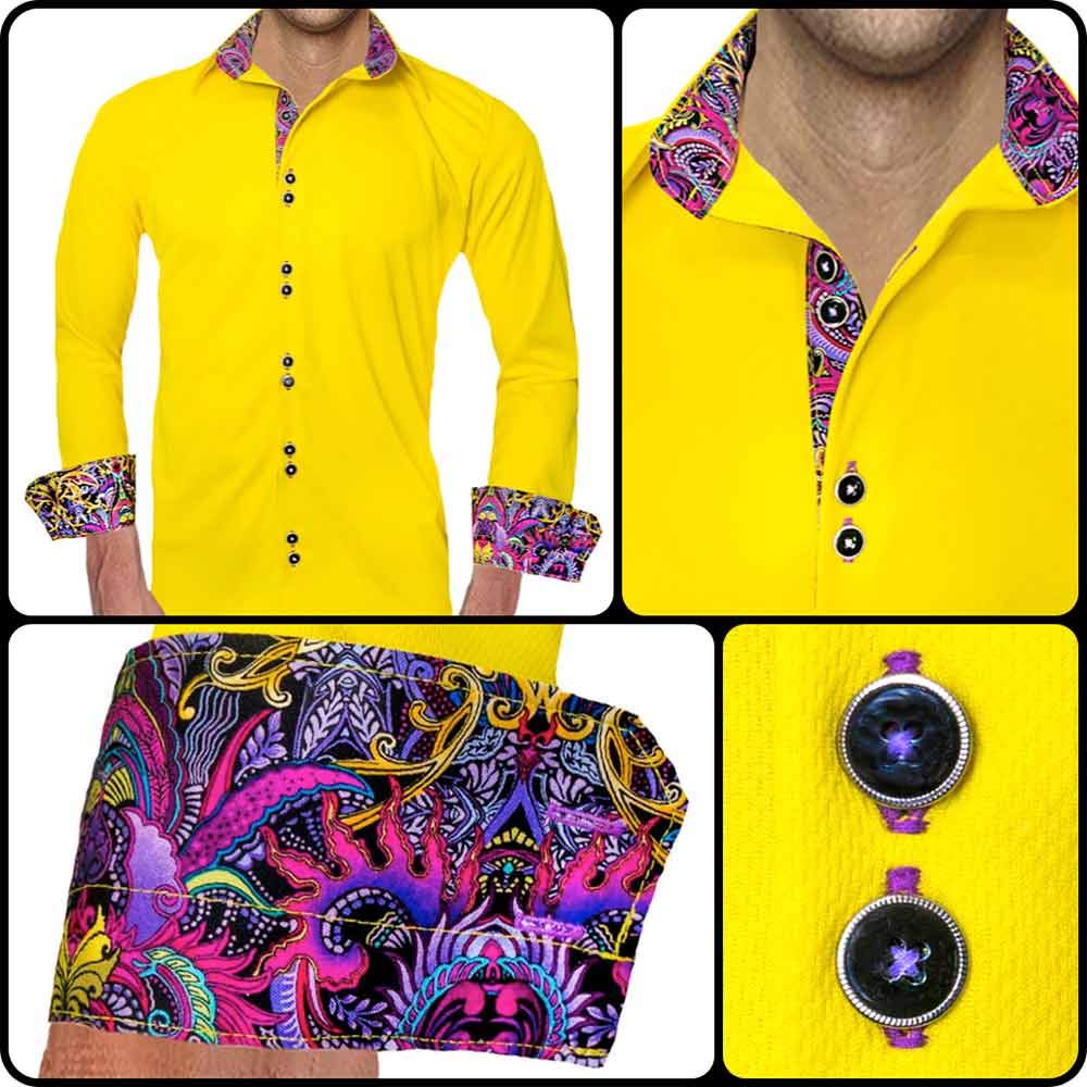 Bright Yellow Dress Shirts for Men | Stylish Purple & Yellow Shirts | Modern Yellow Button Down Shirts with Purple Accents - Perfect for Business Casual, Office Wear & Special Occasions