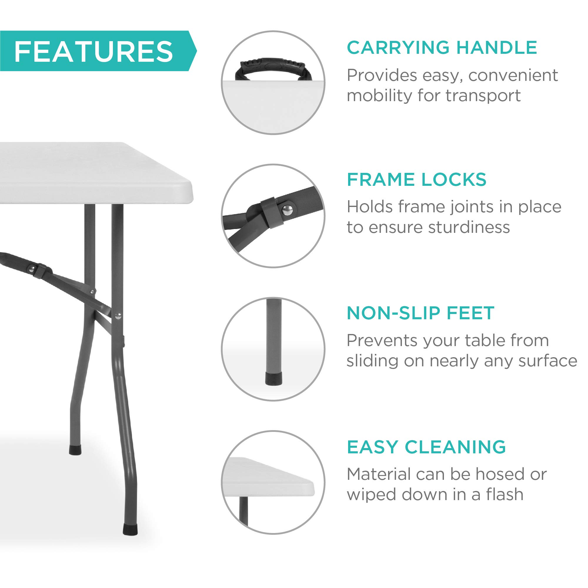 Best Choice Products 6ft Heavy Duty Folding Plastic Table - Portable Indoor Outdoor Table with Handle & Lock for Picnic, Party, Camping, BBQ, Tailgating & Home Use - White