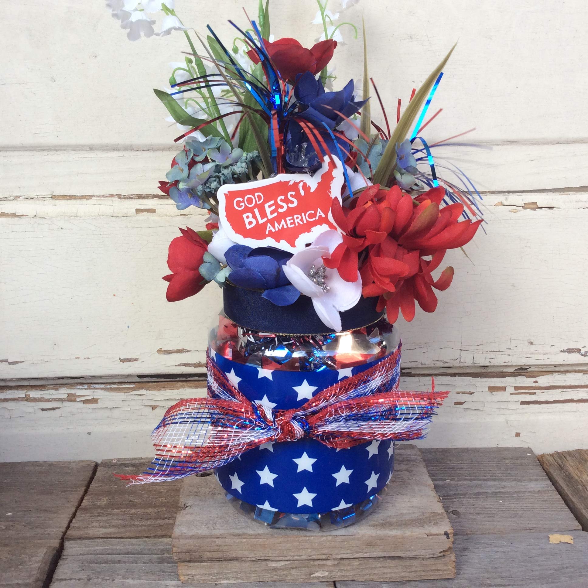 AGD Patriotic Decor - God Bless America Small Floral Centerpiece for Table, Home, and Independence Day Celebrations | Red White and Blue Floral Arrangement