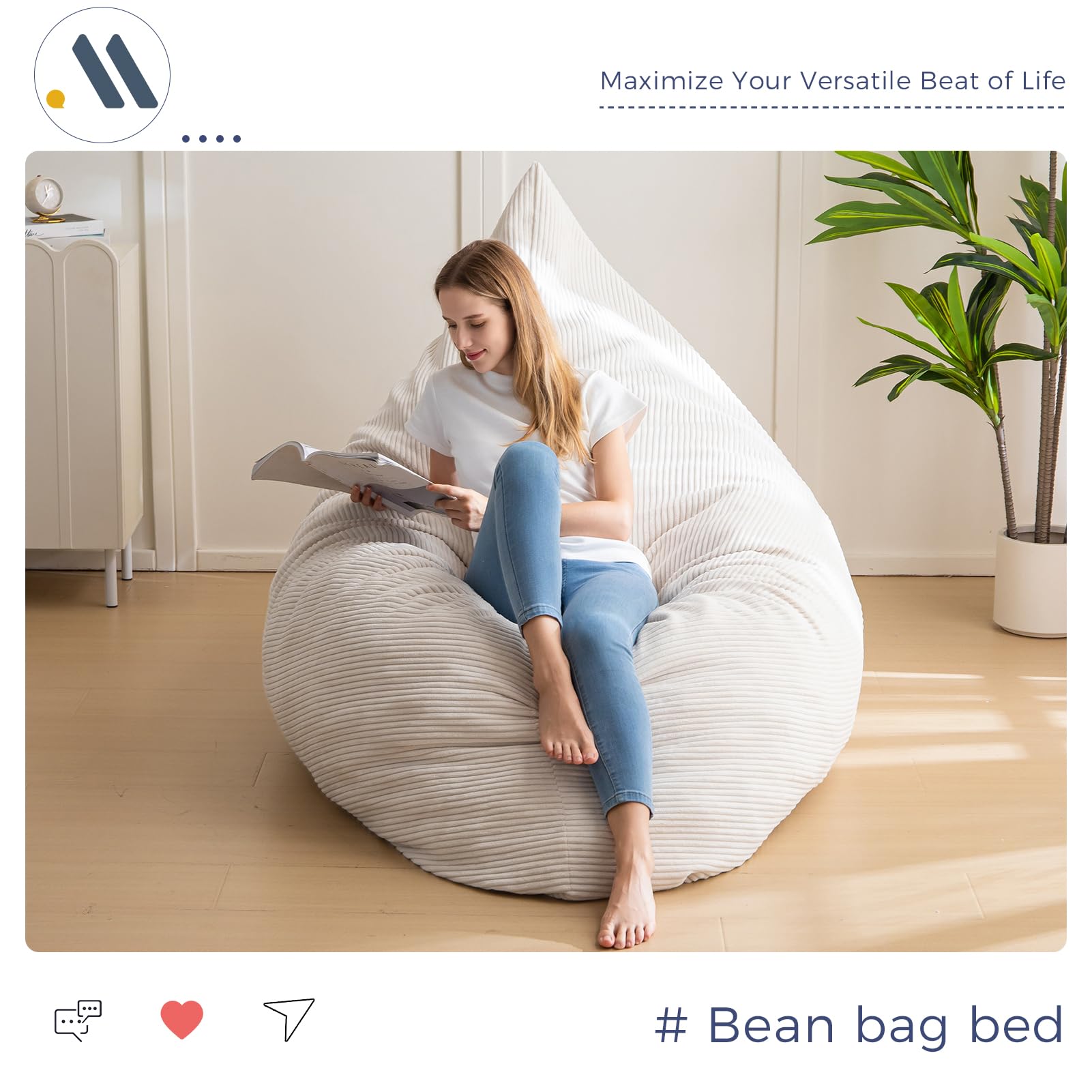 MAXYOYO 3-in-1 Bean Bag Chair - Giant Comfortable Pillow Lounger for Living Room, Bedroom & Dorm - Soft White Microfiber - Perfect for Relaxing, Gaming & Movie Nights