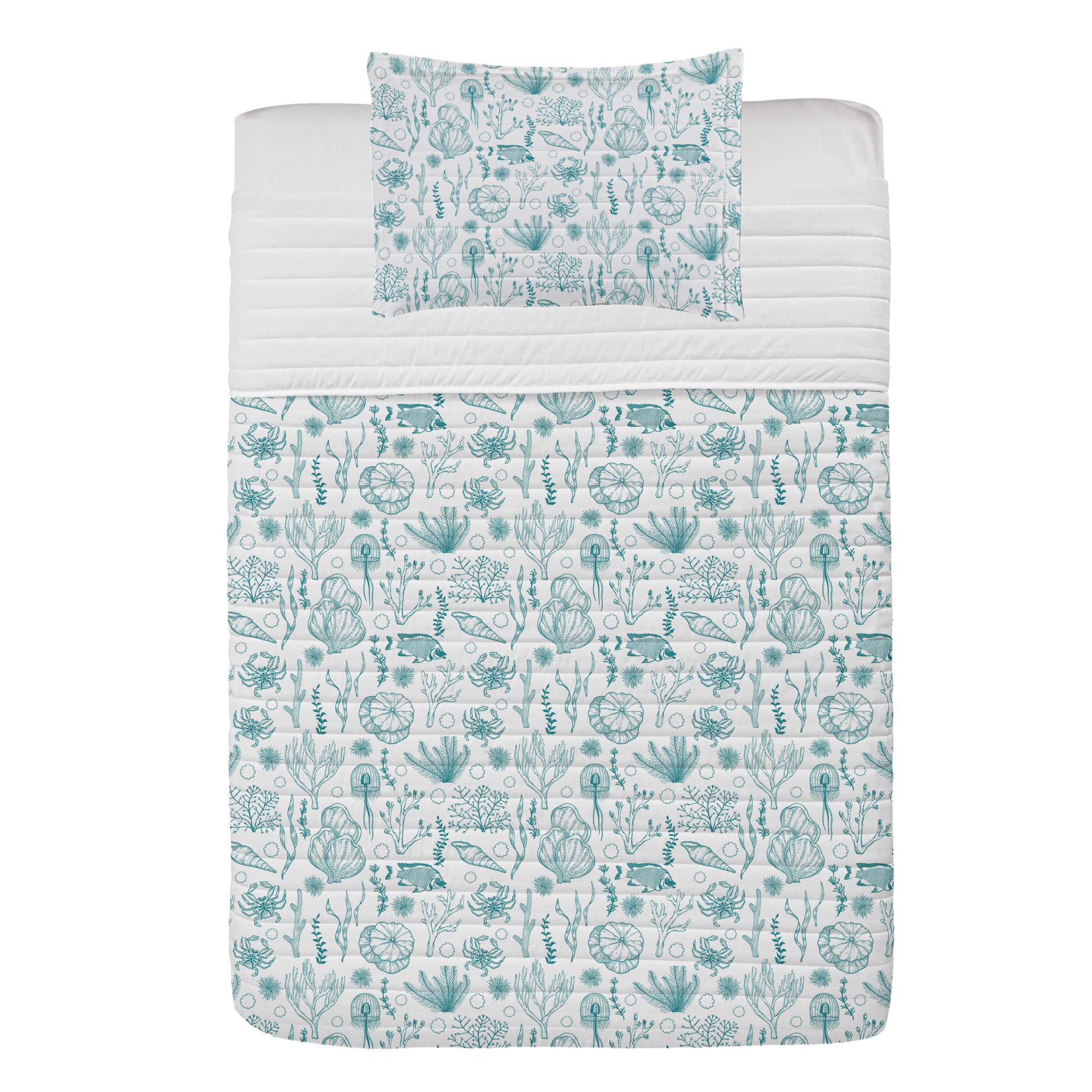 Ambesonne Shells Microfiber Bedspread Set - Twin Size White & Teal Ocean Theme Bedding with Pillow Sham & Comforter | Soft Underwater Marine Life Decor for Beach House, Coastal Bedroom or Nautical Nursery