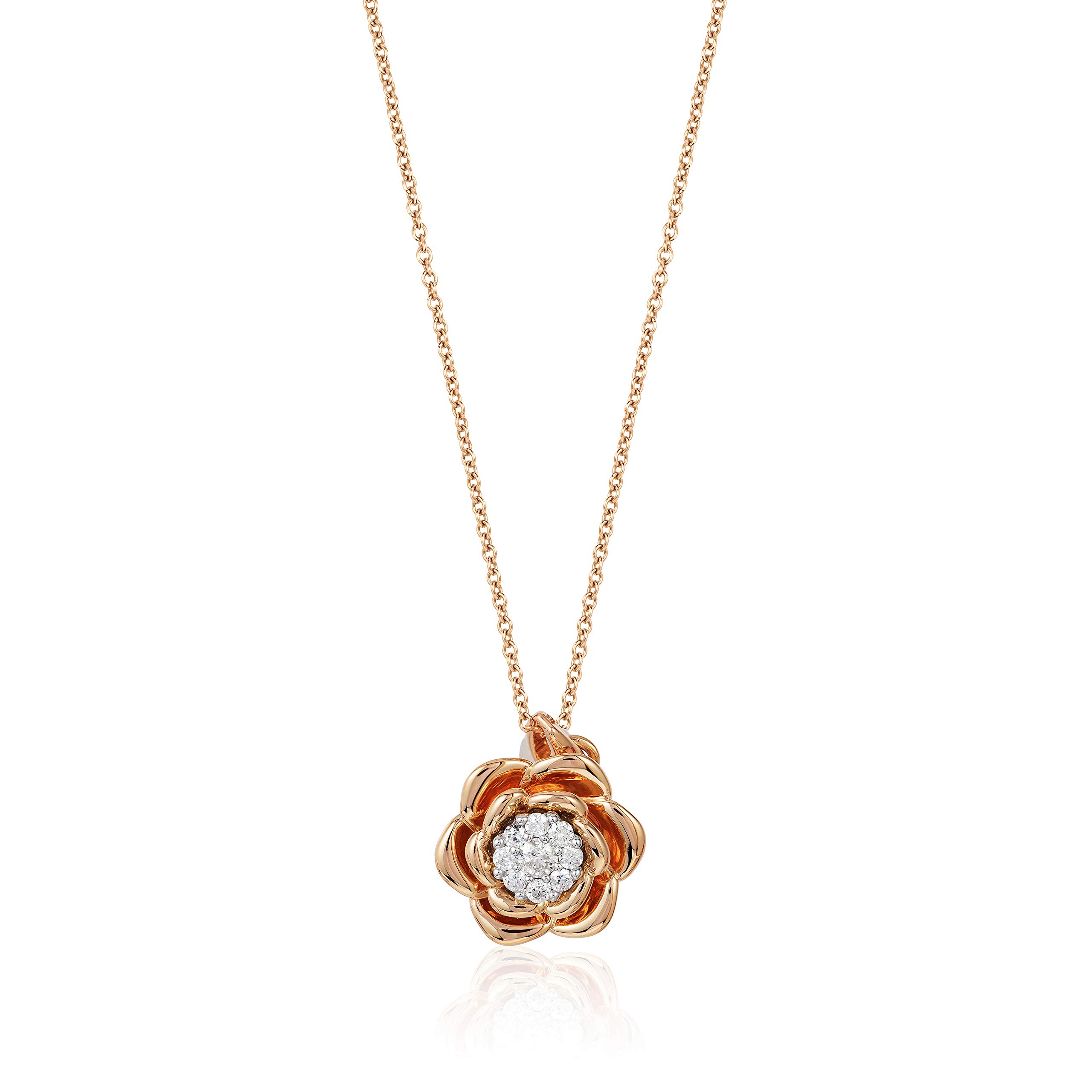 Enchanted Disney Belle Rose 14K Rose Gold Plated Sterling Silver 1/6 Cttw Diamond Pendant Necklace - Perfect for Gifts, Anniversaries & Disney Fans