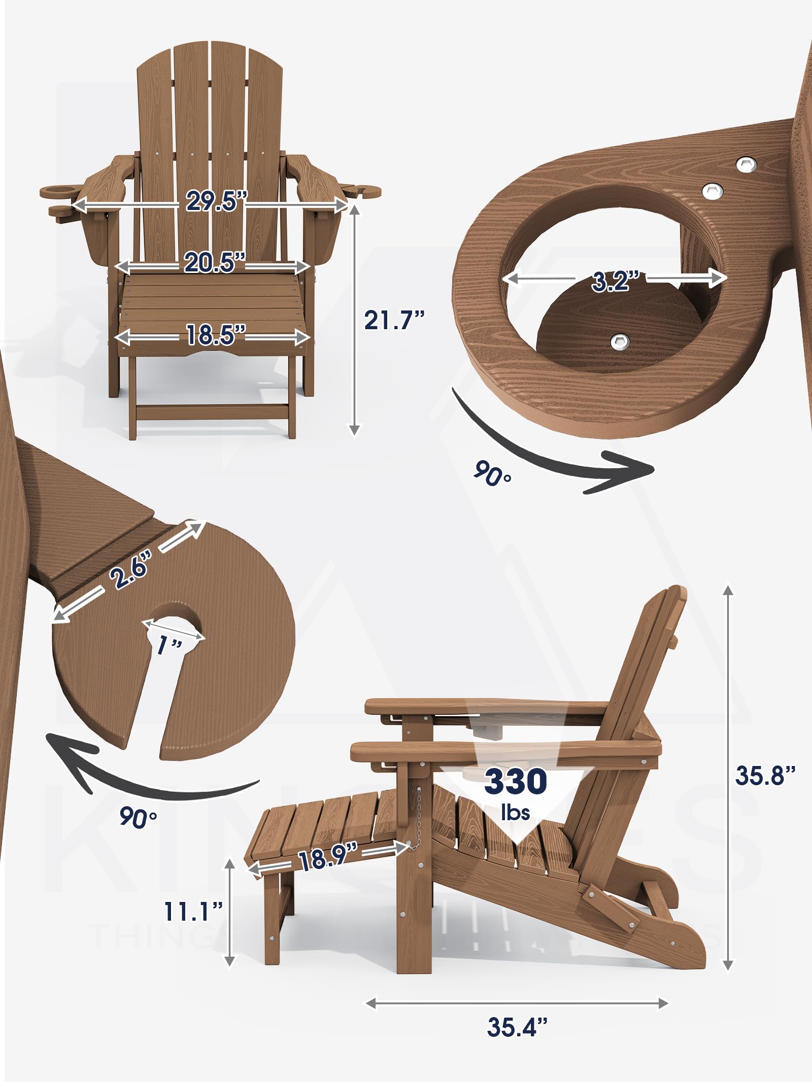 KINGYES Folding Adjustable Adirondack Chair with Retractable Ottoman - Weather-Resistant HDPE Oversized Outdoor Lounge Chair with Cup Holder, Wood-Like Reclining Patio Furniture (Brown) - Perfect for Backyard, Poolside, and Garden Relaxation