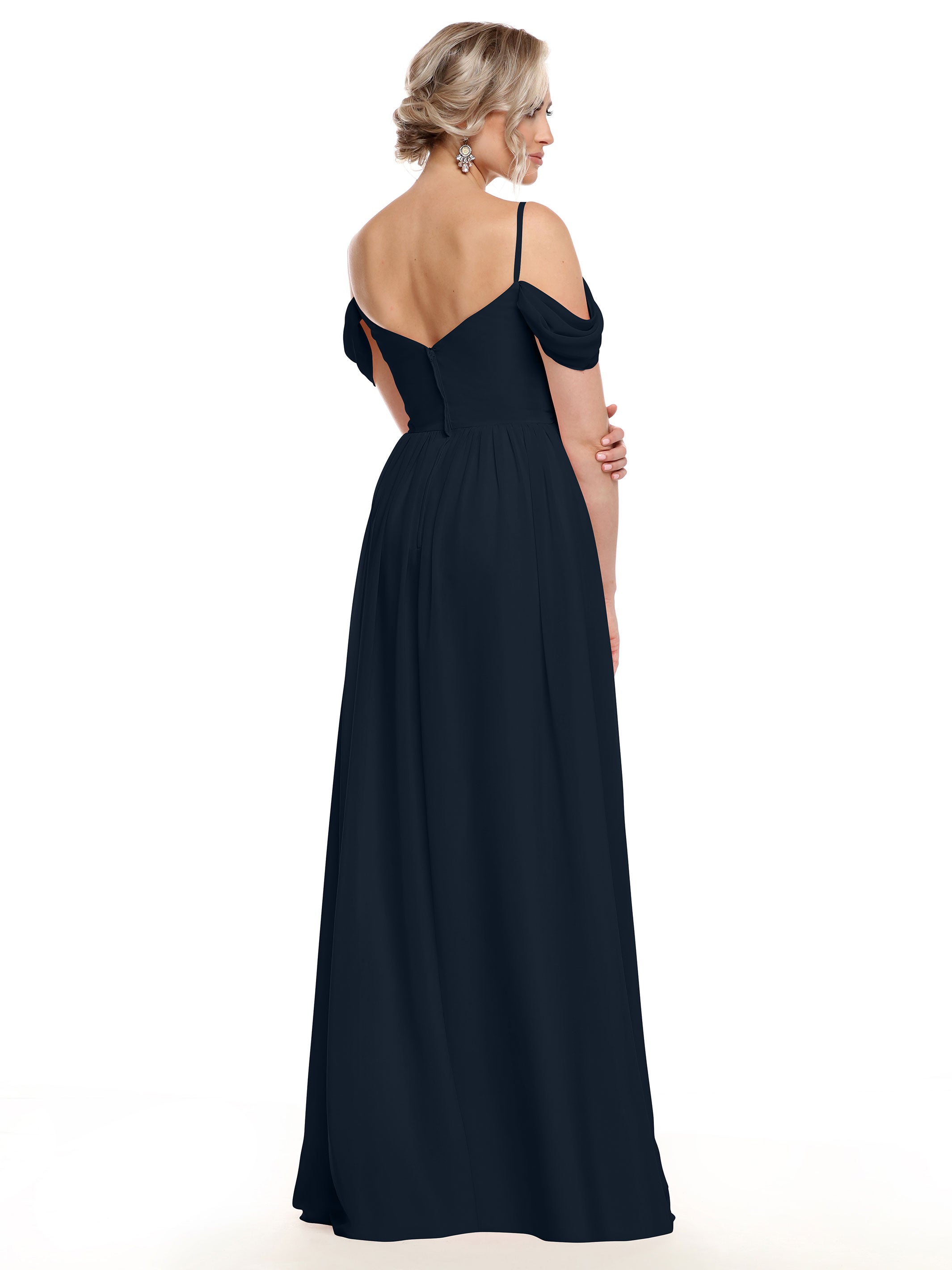 Elegant 80142 Off-The-Shoulder Chiffon Bridesmaid Dress with Spaghetti Straps - Perfect for Weddings, Formal Events & Evening Parties