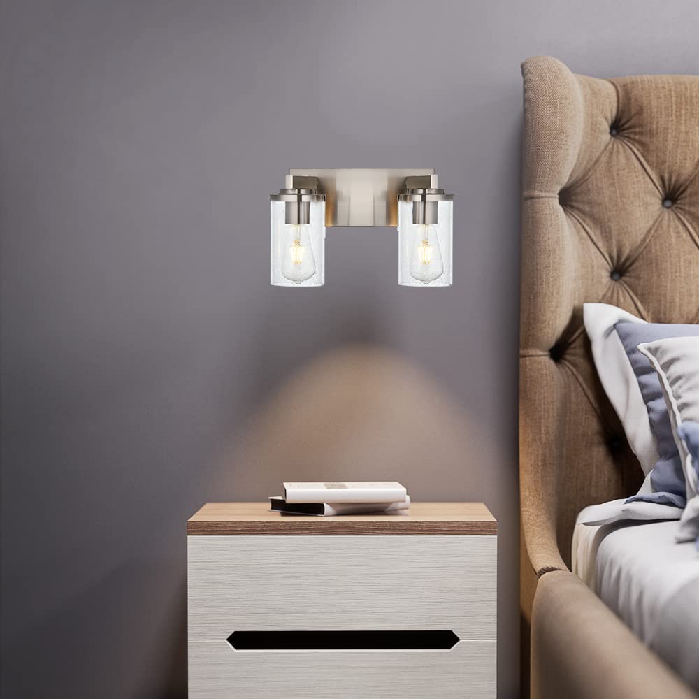 BONLICHT 2-Light Brushed Nickel Wall Sconce with Clear Glass Shade - Modern Industrial Vanity Lighting for Bathroom Mirror, Porch, Entryway & Staircase - Perfect for Home Decor and Ambient Lighting