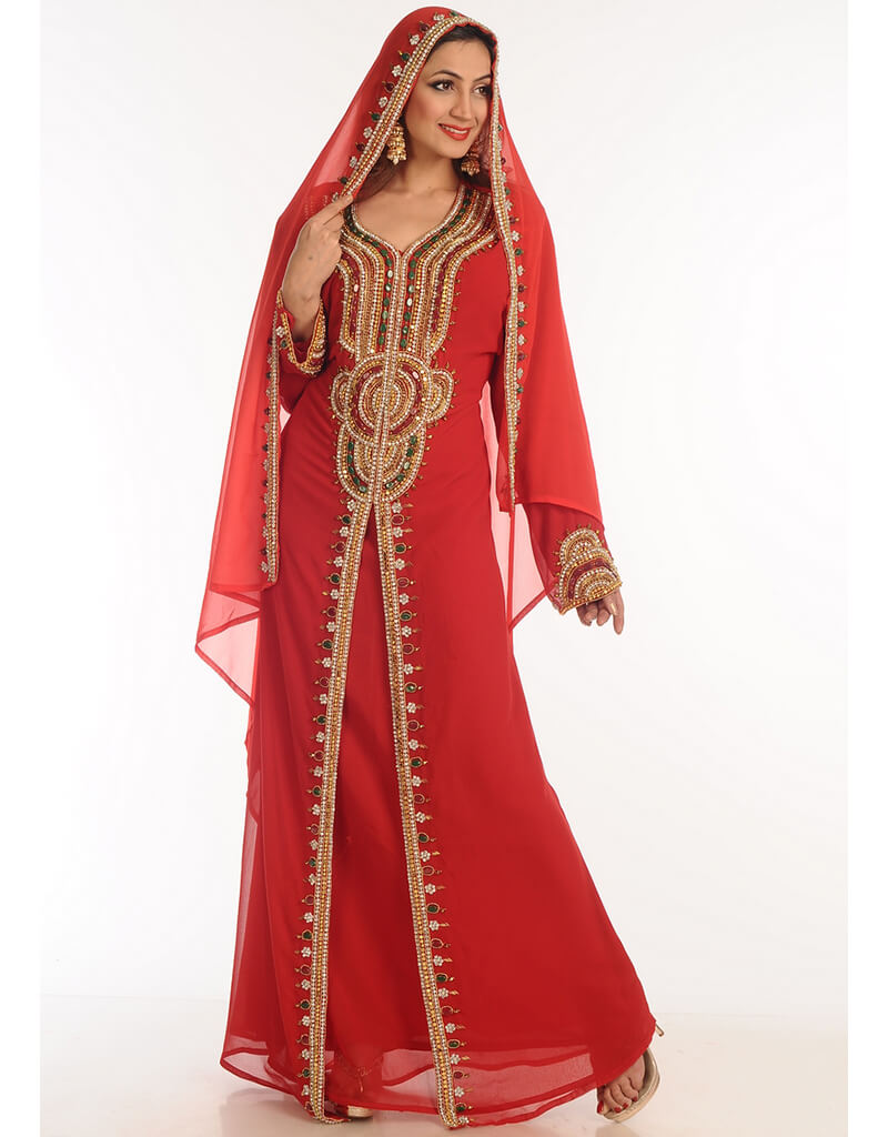 Elegant Arabic Red Georgette Kaftan with Hand Zari Embroidery - Perfect for Weddings, Parties & Special Occasions