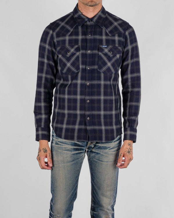 Iron Heart IHSH 411 9oz Selvedge Indigo Check Flannel Western Shirt for Men - Black Plaid Workwear Shirt for Casual & Outdoor Wear