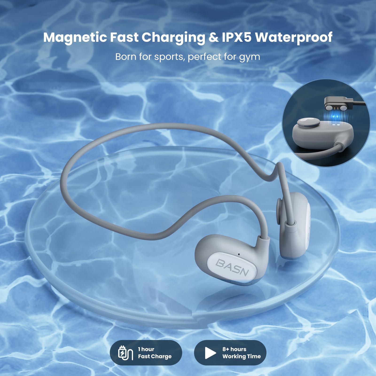 BASN AirS1 Open Ear Bluetooth Headphones - Wireless Air Conduction Headset with 16.2mm Driver, HiFi Sound, ENC Mic for Clear Calls, IPX5 Waterproof - Ideal for Running, Cycling, Hiking & Outdoor Sports (Gray-White)