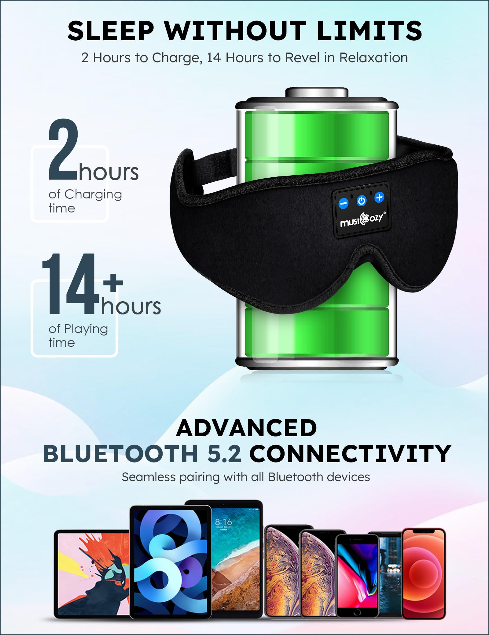 MusiCozy Bluetooth 5.4 Sleep Headband with Built-in HD Stereo Speakers - Ice Silk Sleep Mask & Wireless Headphones for Men & Women - Perfect for Travel, Meditation, and Nighttime Relaxation