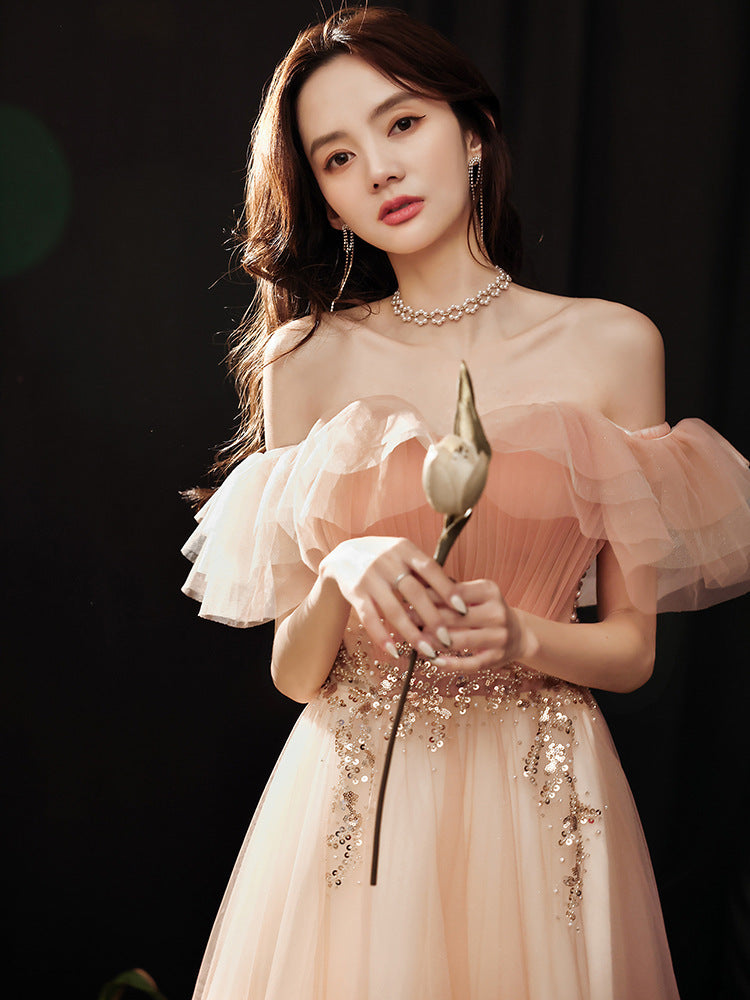 Elegant Off Shoulder Pink Tulle Prom Dress with Beaded Details - Perfect for Evening Parties, Homecoming, and Formal Events