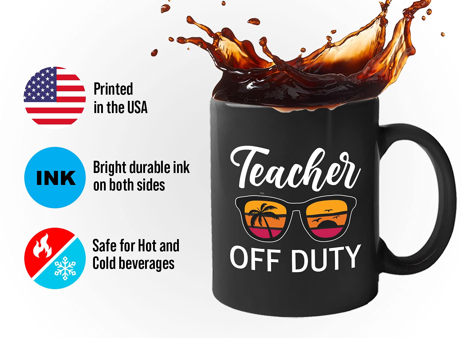Bubble Hugs Teacher Appreciation Coffee Mug - 11oz Black Ceramic Cup with Retro Sunglasses & Tropical Design - Perfect Gift for Teachers, Beach Vacation Days, or Relaxing Off-Duty Moments