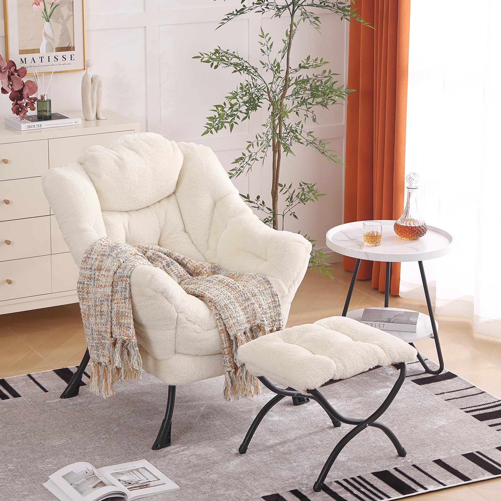 Modern Lazy Chair with Ottoman - Plush Beige Lounge Accent Chair with Folding Footrest for Living Room, Bedroom & Study | Comfortable Reading Chair for Relaxing, Napping & Lounging at Home