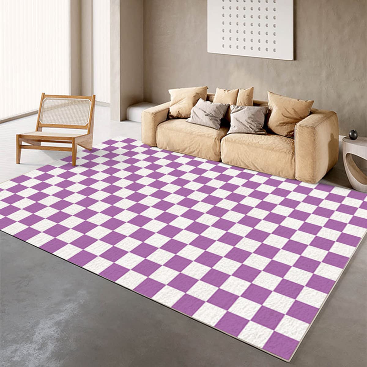 Soft Washable Checkered 6x8 Area Rug - Non-Slip Purple & White Modern Carpet for Living Room, Bedroom, Kitchen, Dining Room | Fluffy Contemporary Floor Mat for Home Decor, Playroom & High Traffic Areas