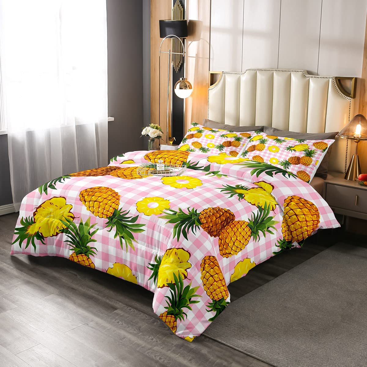 Pineapple Print Comforter Set - Tropical Fruit Duvet Cover Twin Size, Pink & White Geometric Down Alternative Bedding for Girls, All-Season Kids' Bedroom Decor (Includes 1 Comforter & Pillowcase) - Perfect for Beach-Themed Rooms, Summer Decor & Tropical Nursery Design