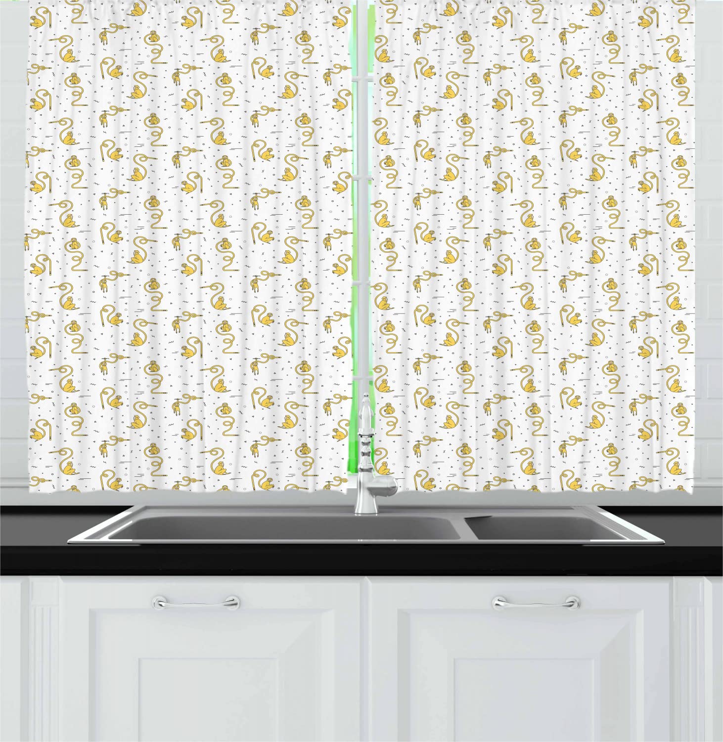Ambesonne Monkey Print Kitchen Curtains - Funny Animal Design with Swirling Tails & Geometric Patterns, 2-Panel Rod Pocket Drapes 55x45 Inches, Yellow Black White - Perfect for Farmhouse, Kids Room & Playful Home Decor