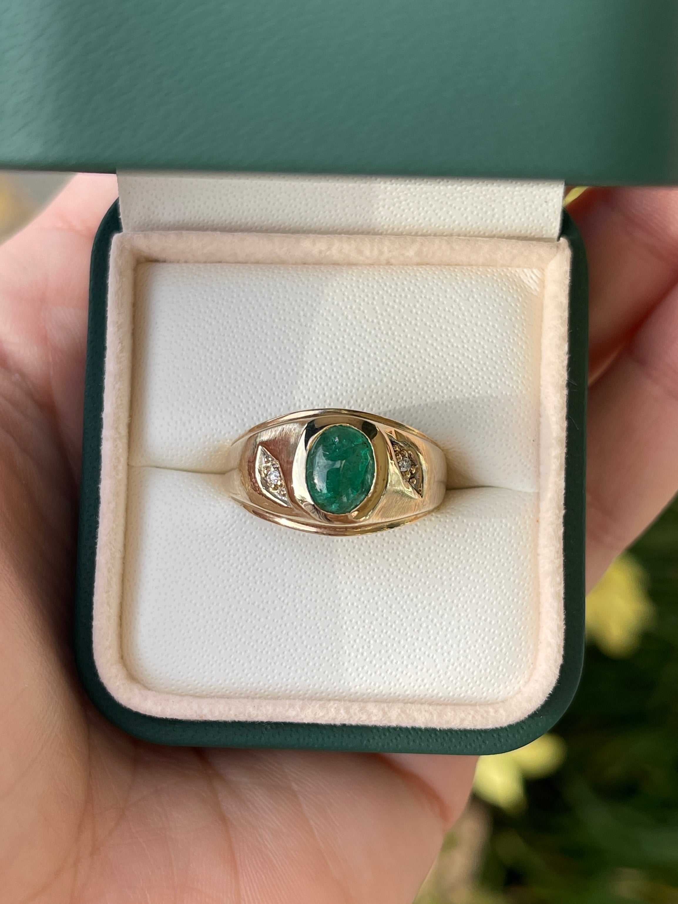 1.40tcw Oval Natural Emerald Cabochon & Diamond Three Stone Ring in 10K Gold - Perfect for Engagement, Wedding, Anniversary & Special Occasions