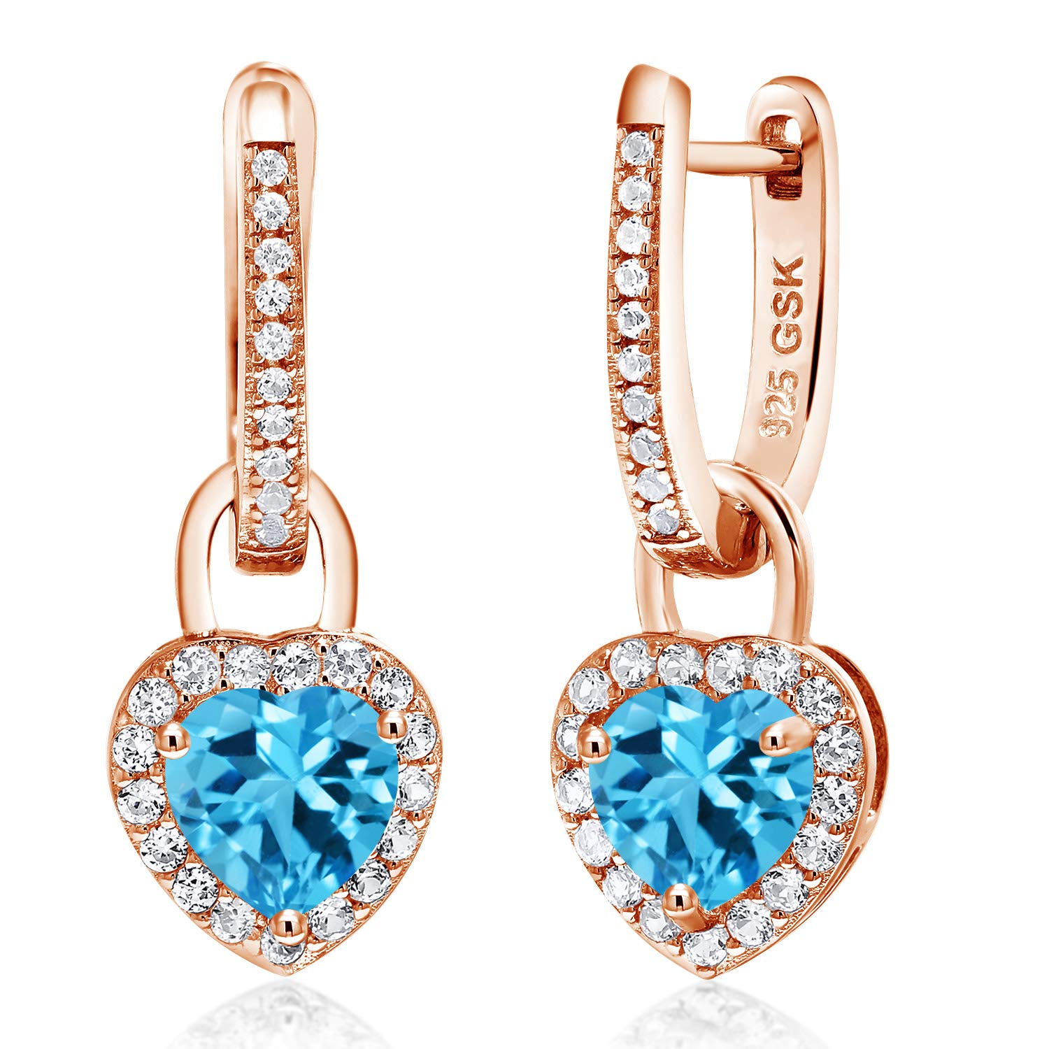 18K Rose Gold Plated Silver Heart Gemstone Birthstone Earrings with White Created Sapphire | 6MM Heart Shape Drop Dangle Earrings for Women | Perfect Gift for Birthday, Anniversary & Valentine's Day